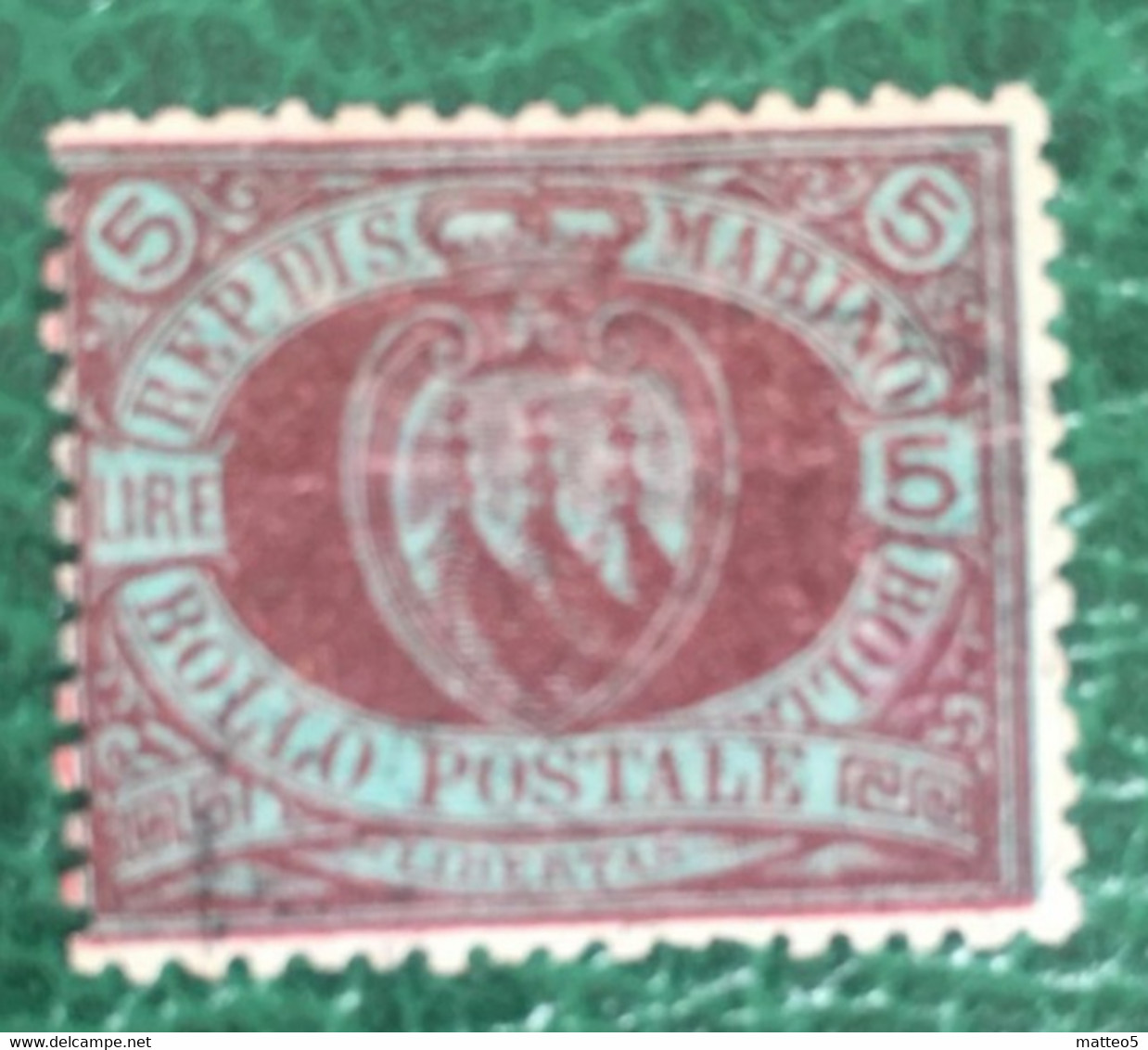 1892/94 - San Marino - Lire  5 Stemma Usato - Usados