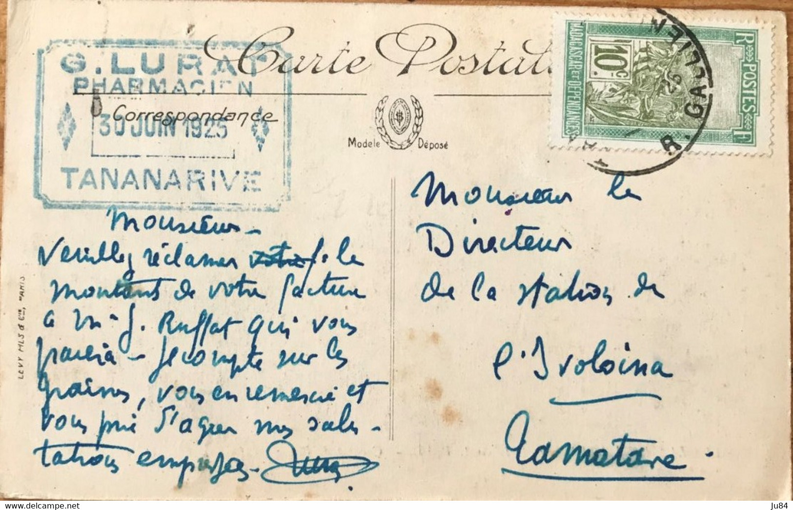 Madagascar - Tananarive - G.Lurat Pharmacien - Carte Postale Pour Tamatave - 30 Juin 1925 - Gebruikt