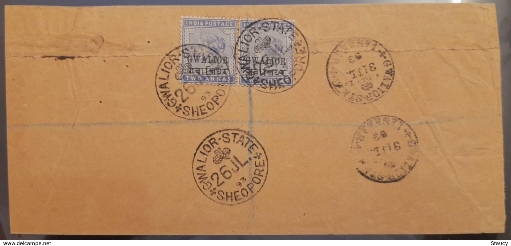 BRITISH INDIA GWALIOR STATE QV 2 X 2 Anna STAMPS FRANKED ON REGISTERED COVER, NICE CANCELLATIONS ON FRONT & BACK, RARE - Gwalior