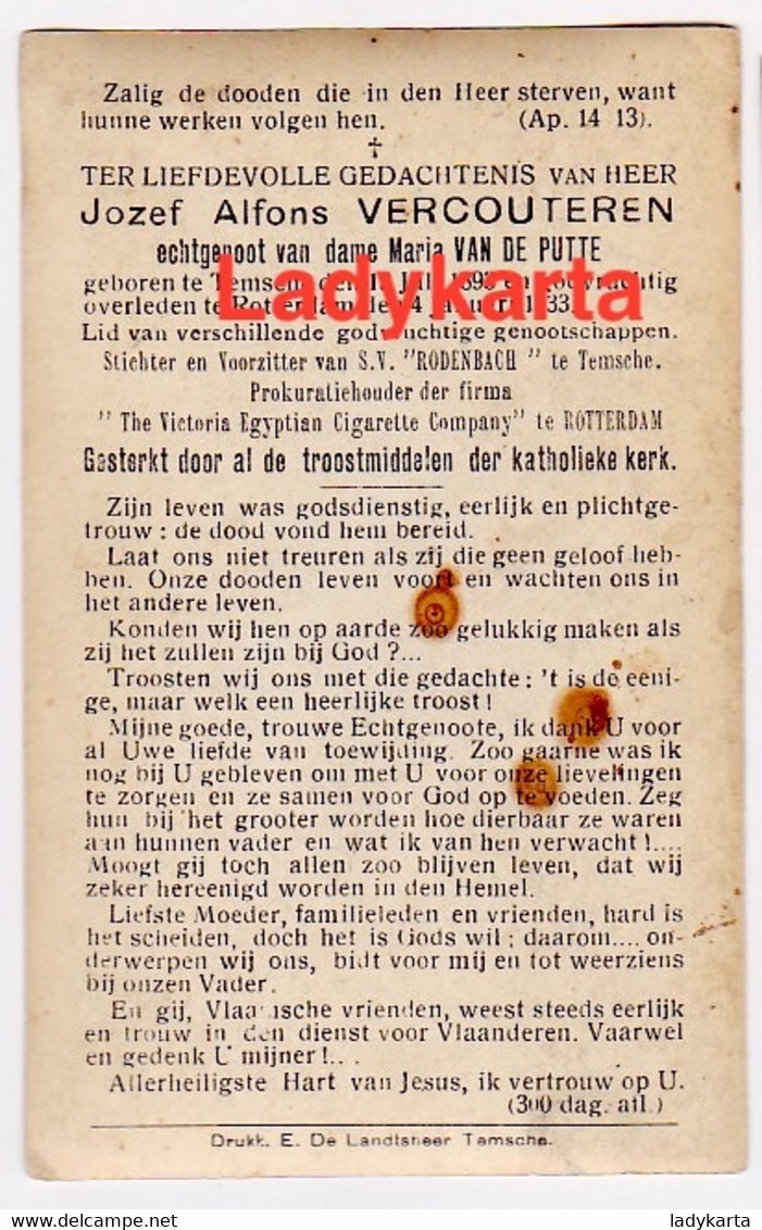 TEMSE - ROTTERDAM - JOZEF ALFONS VERCOUTEREN - STICHTER SV "RODENBACH" - VIX-CTORIA EGYPTIAN CIGARETTE COMPANY - Andachtsbilder