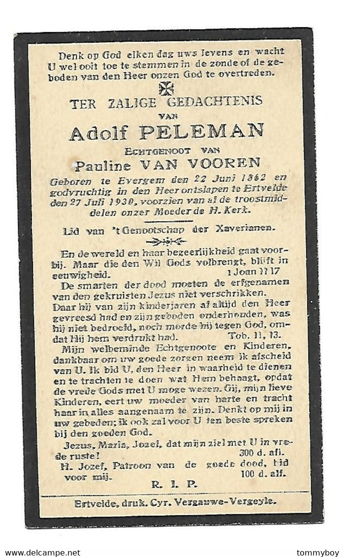 Adolf Peleman, Evergem 1862 - Ertvelde 1930 - Avvisi Di Necrologio