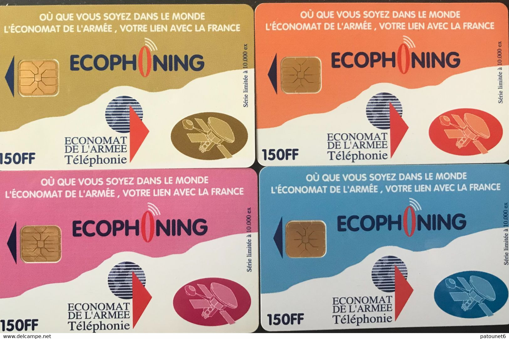 FRANCE  -  ARMEE  -  Phonecard  -  ECOPHONING  -  Satellite  -  Lot 4 Cartes - 4 Couleurs Diff.  - 150 FF -  Cartes à Usage Militaire