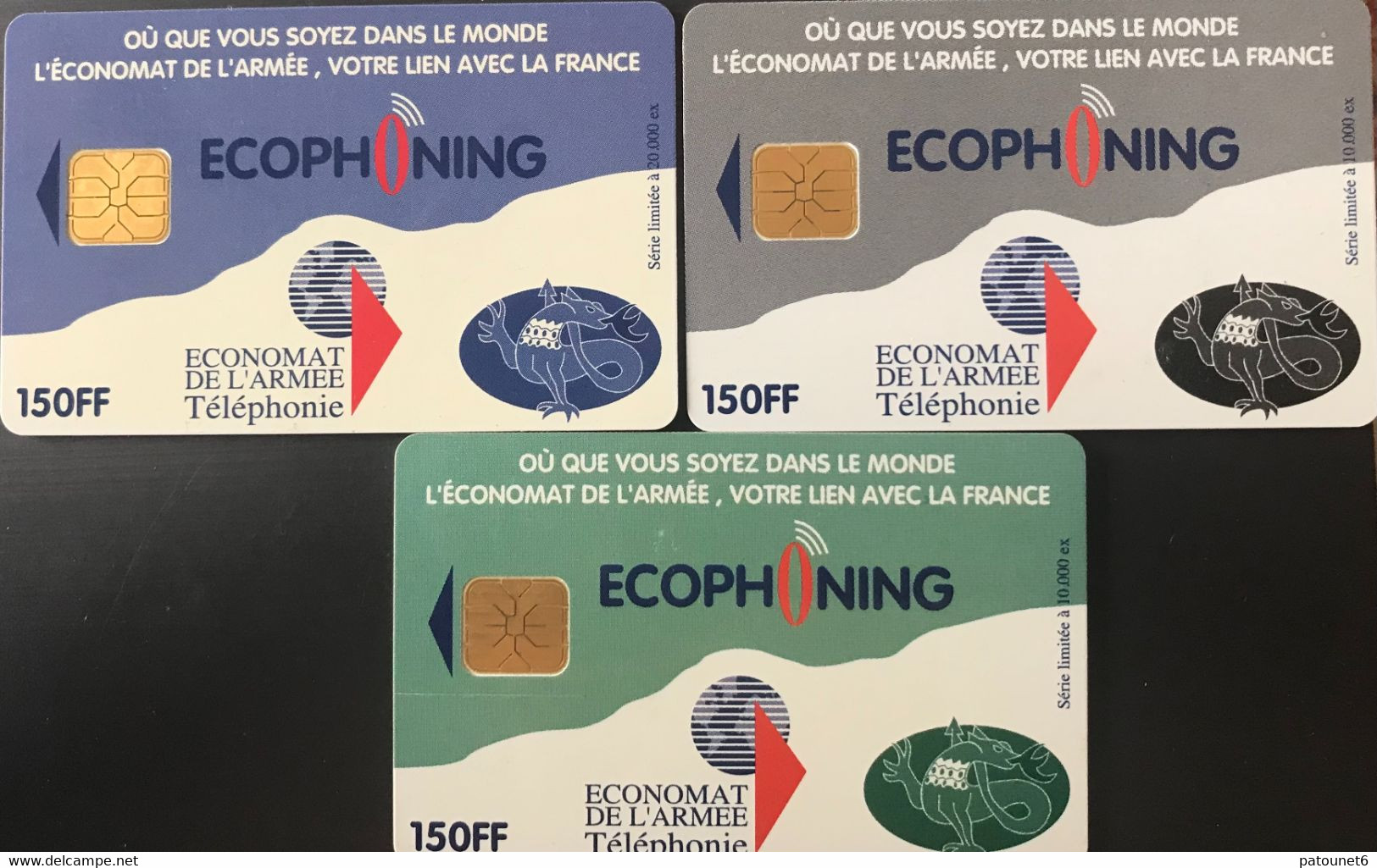 FRANCE  -  ARMEE  -  Phonecard  -  ECOPHONING  -  SALAMANDRE  -  1 Lot, 3 Cartes (3 Couleurs Diff.) - 150 FF -  Cartes à Usage Militaire