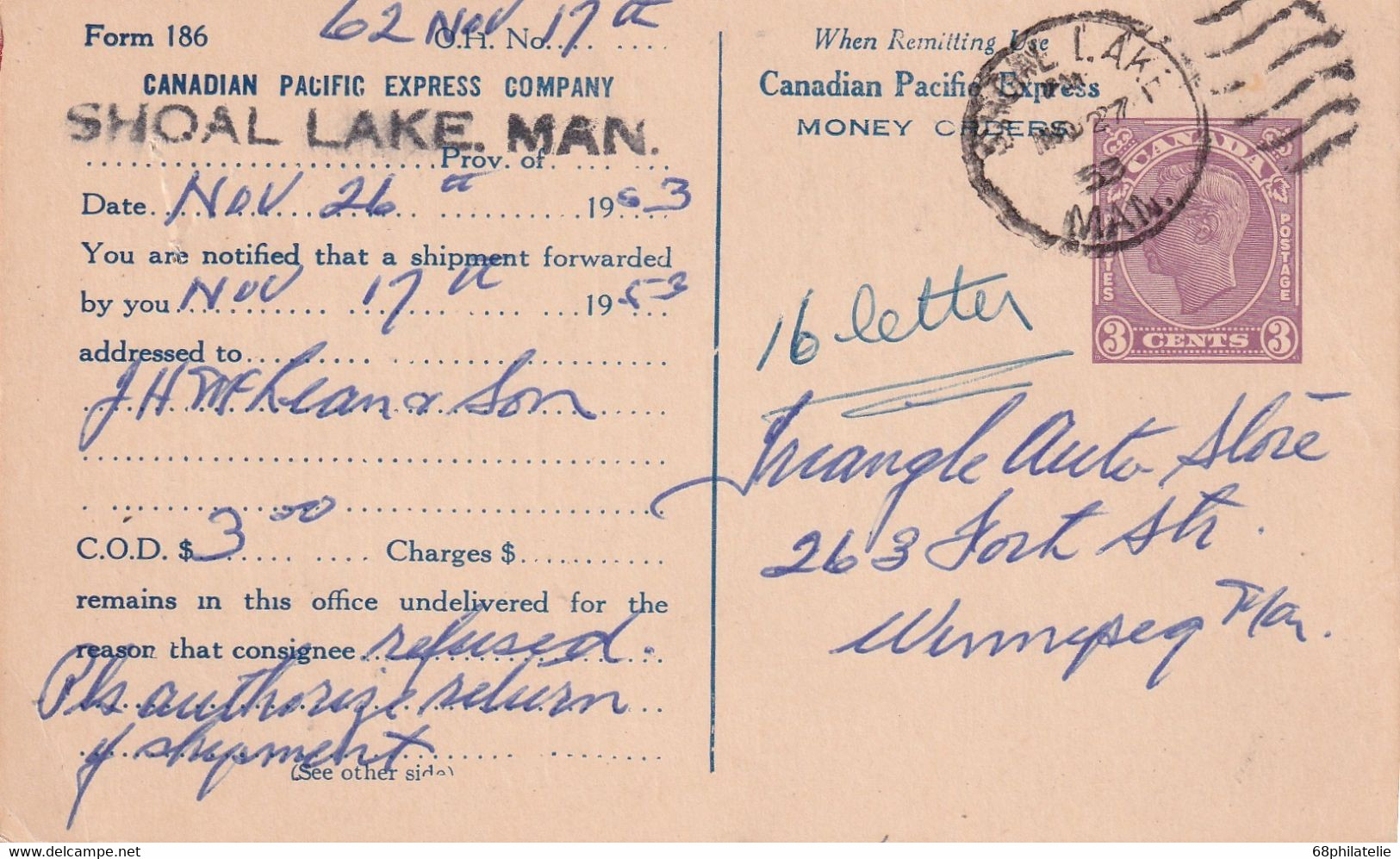 CANADA 1953     ENTIER POSTAL/GANZSACHE/POSTAL STATIONERY CARTE DE SHOAL LAKE - 1903-1954 Rois