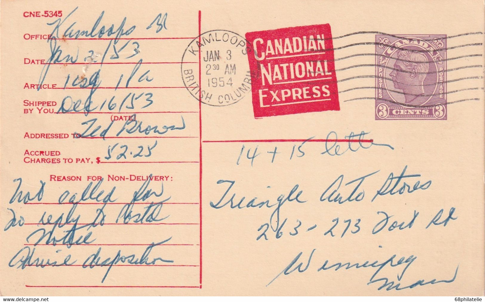 CANADA 1954    ENTIER POSTAL/GANZSACHE/POSTAL STATIONERY CARTE DE KAMLOOPS - 1903-1954 Rois