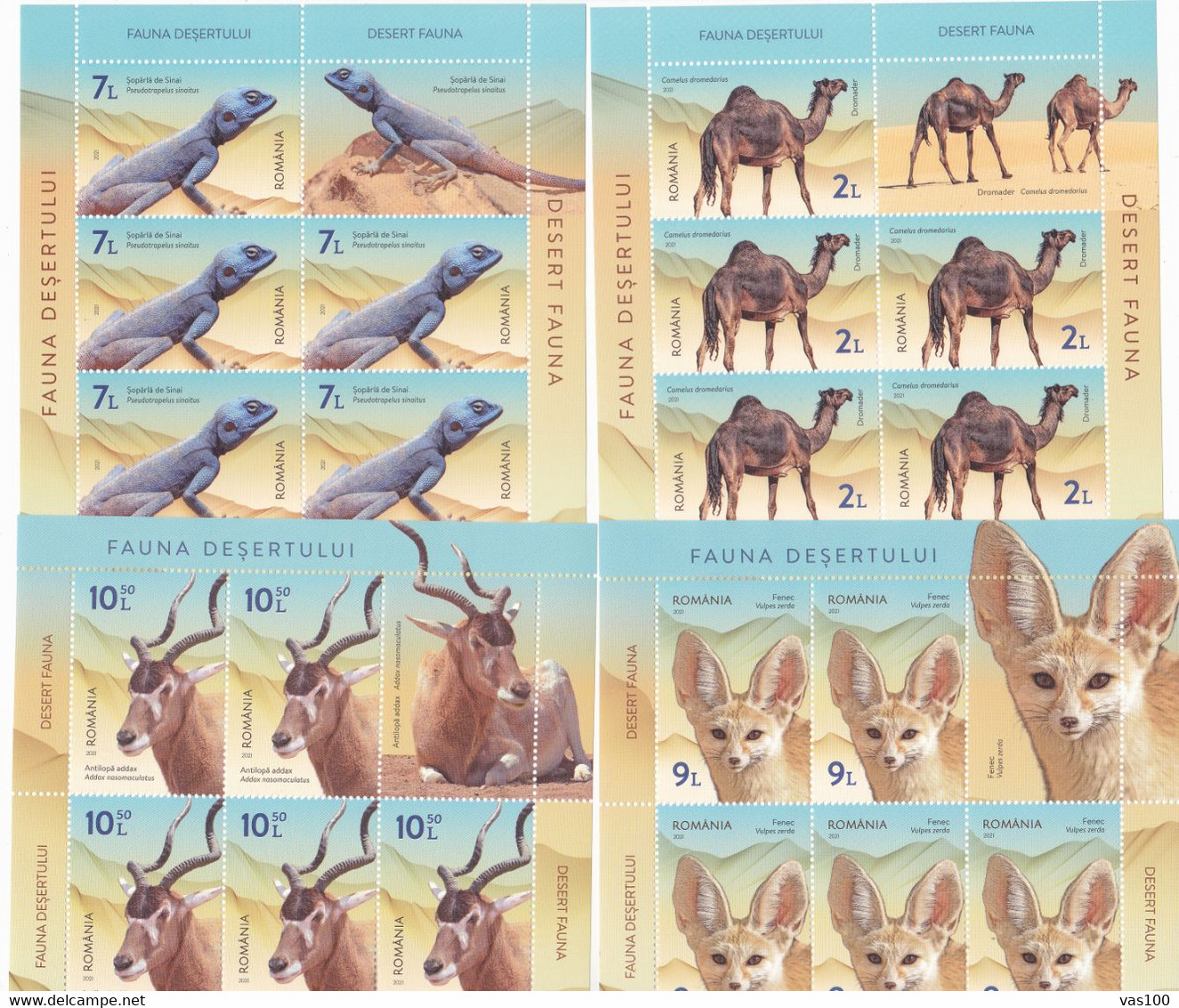 ROMANIA - 2021 - DESERT FAUNA - Dromedary ,Lizard, Fox, Antelope - Set 4 Sheetlets Of 5 Stamps+ 1 Label MNH** - Feuilles Complètes Et Multiples