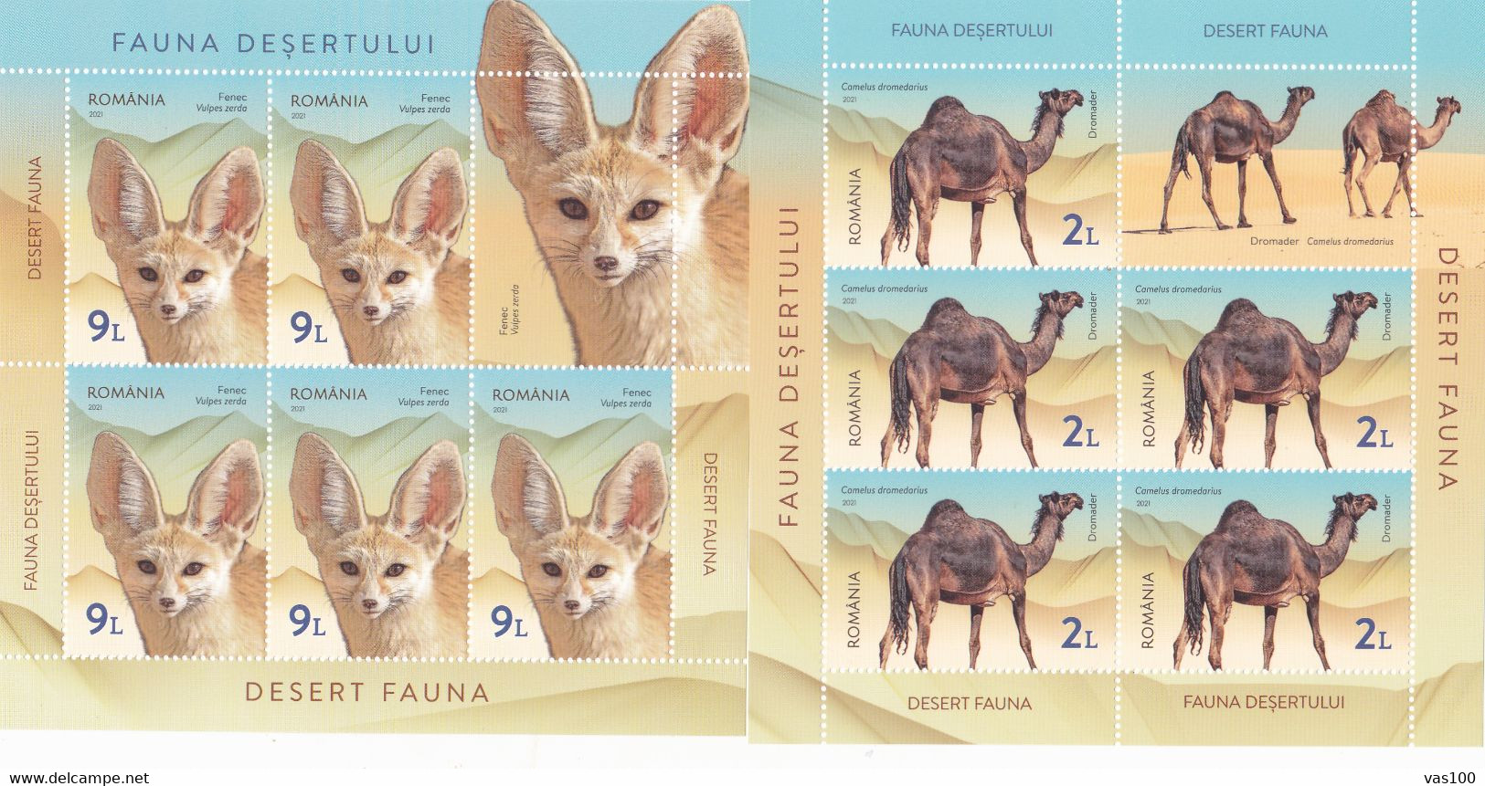 ROMANIA - 2021 - DESERT FAUNA - Dromedary ,Lizard, Fox, Antelope - Set 4 Sheetlets Of 5 Stamps+ 1 Label MNH** - Hojas Completas