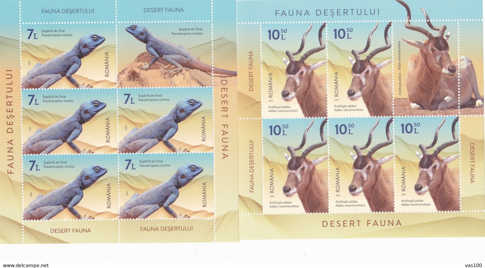ROMANIA - 2021 - DESERT FAUNA - Dromedary ,Lizard, Fox, Antelope - Set 4 Sheetlets Of 5 Stamps+ 1 Label MNH** - Hojas Completas