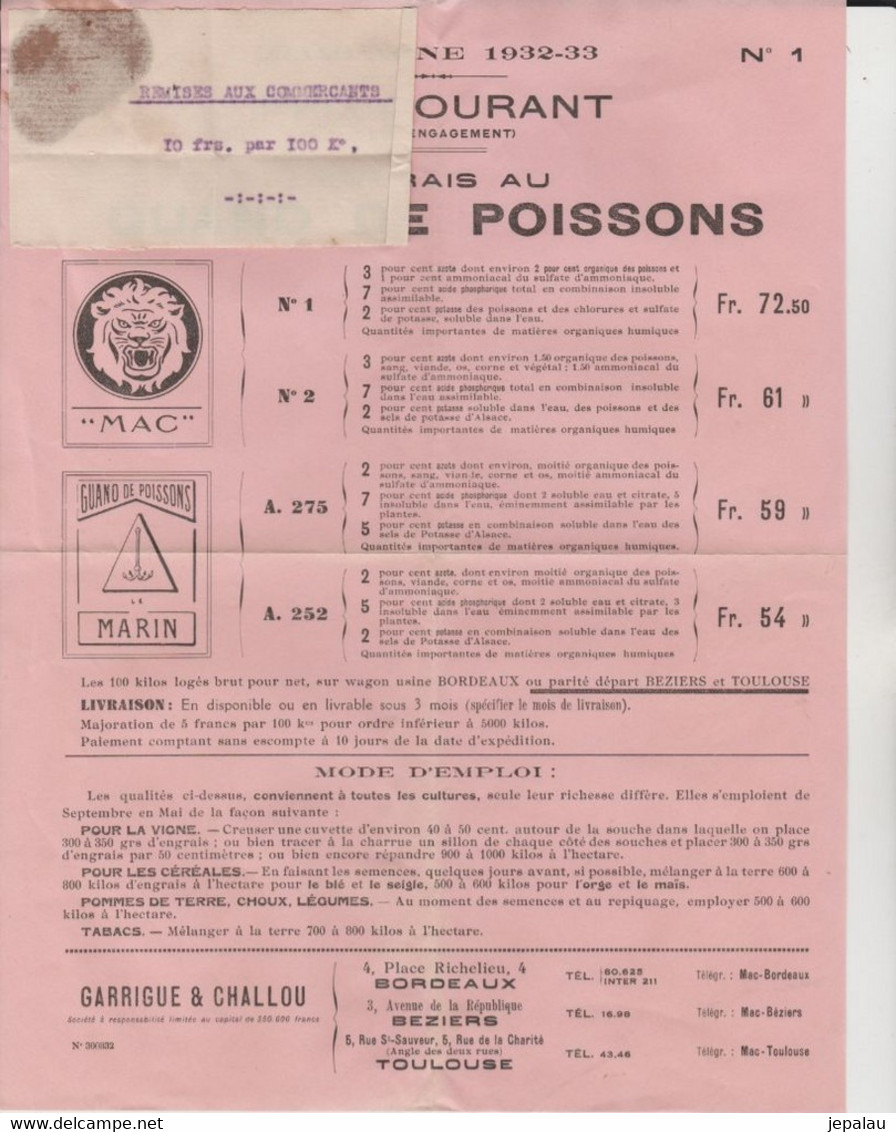 Garrigue Et Challou / Béziers Bordeaux Toulouse - Engrais,bouillie,soufre,chaux - Agricoltura