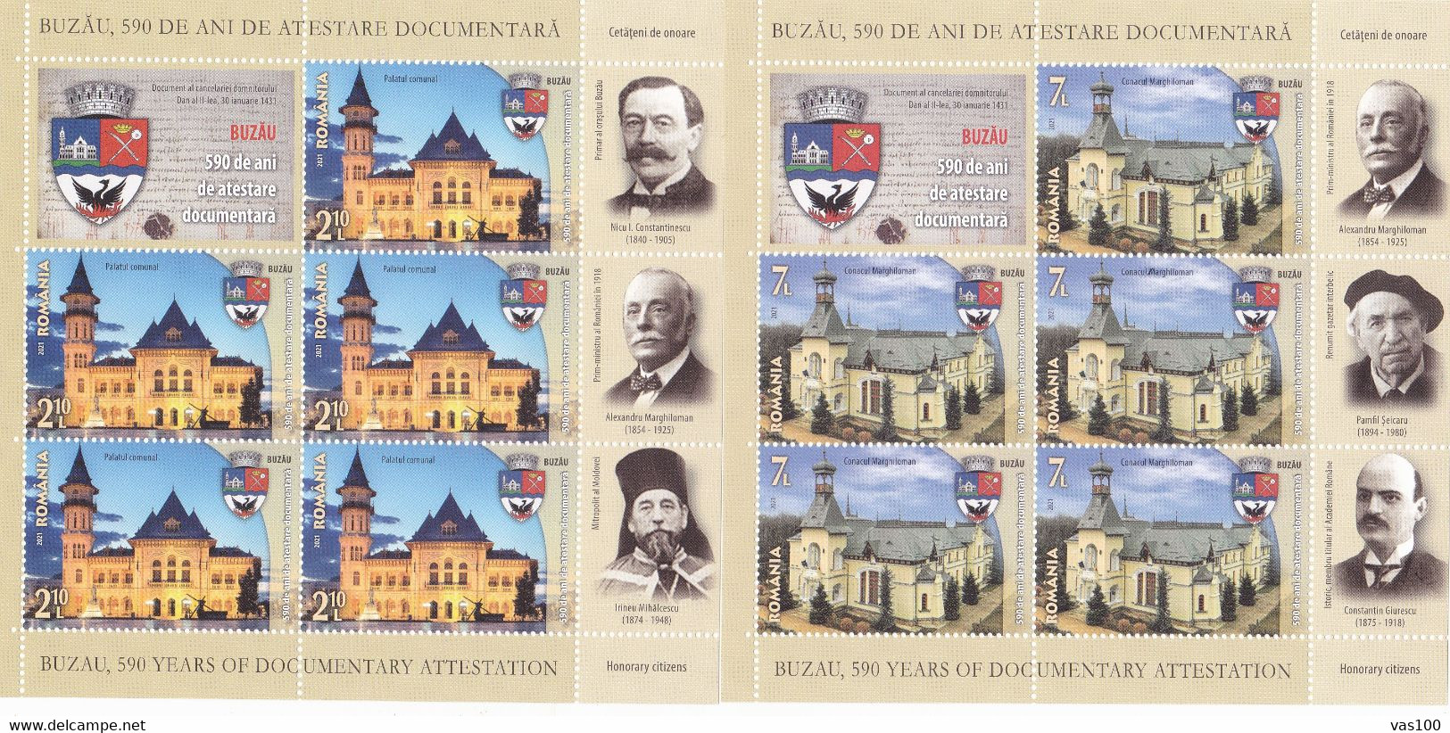 2021, Romania , Buzău, Architecture, Cathedrals, City Halls, Schools, Famous People, Coats Of Arms, MNH(**) MINISHEET - Full Sheets & Multiples