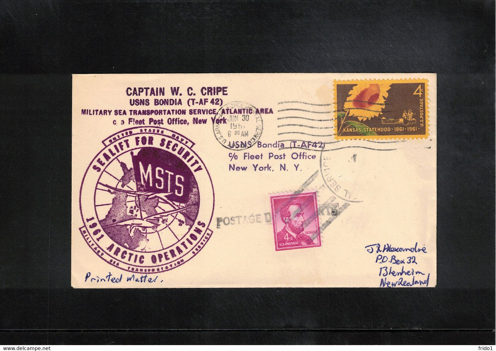 USA  1961 Arctic Operations - Sealift For Security Ship USNS Bondia MSTS Service Interesting Cover - Scientific Stations & Arctic Drifting Stations