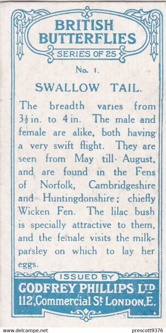 1 Swallow Tail - British Butterflies 1926 -  Phillips Cigarette Card - Original - Phillips / BDV