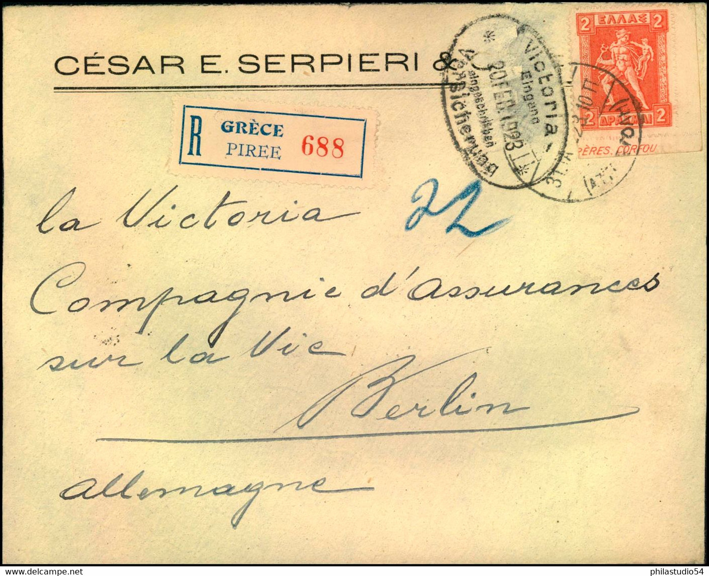 1923: Einschreiben Ab PIRÄUS Mit 2 Drachmen Hermes Durchstochen Aus Der Rechten Unteren Bogenecke Nach Berlin. - Lettres & Documents