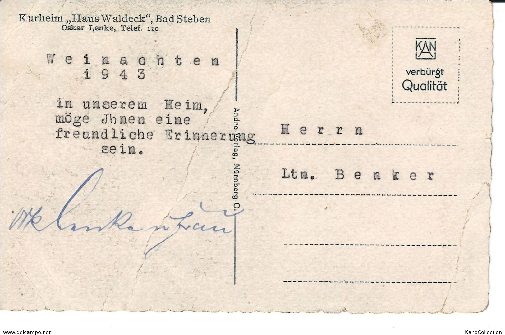 Kurheim „Haus Waldeck“, Bad Steben, „Weihnachten 1943“, Rückseite Beschrieben - Bad Steben