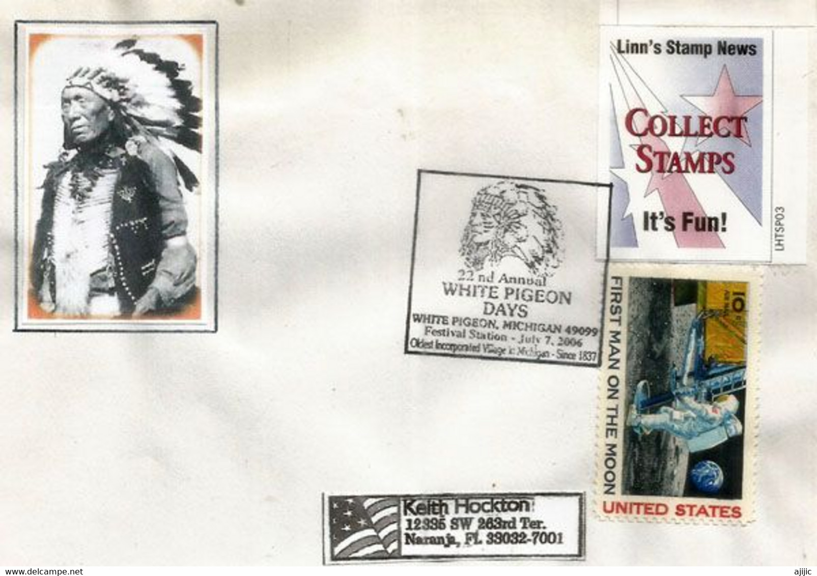 USA. Chef White Pigeon (Chief Wahbememe) MICHIGAN.  Obliteration Illustrée, Enveloppe Souvenir. 2006 - Indiens D'Amérique