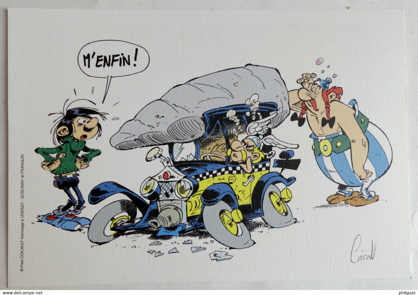 EX LIBRIS Coicault SIGNE Double Hommage A UDERZO ASTERIX ET GASTON FRANQUIN XL Au Verso Un Autre Dessin Est Imprimé - Illustrateurs A - C