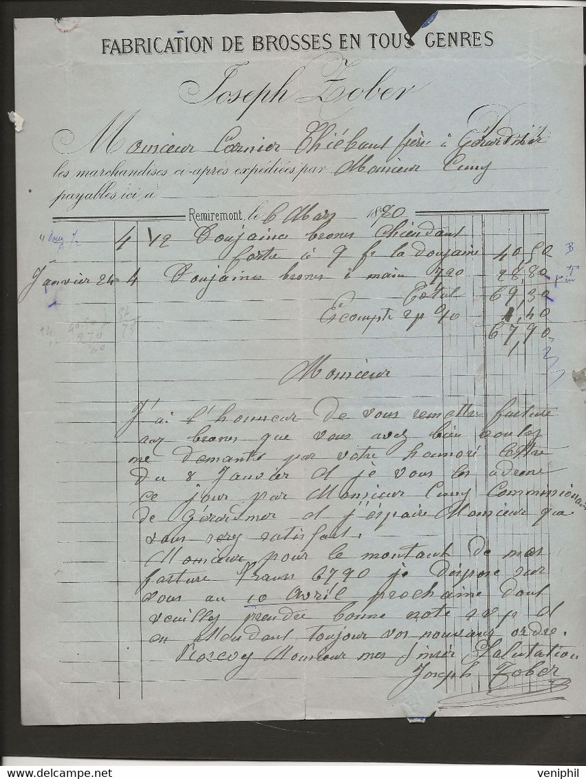 FACTURE- FABRICATION DE BROSSES EN TOUS GENRES  JOSEPH ZOBER - REMIREMONT -VOSGES -ANNEE 1880 - Drogerie & Parfümerie