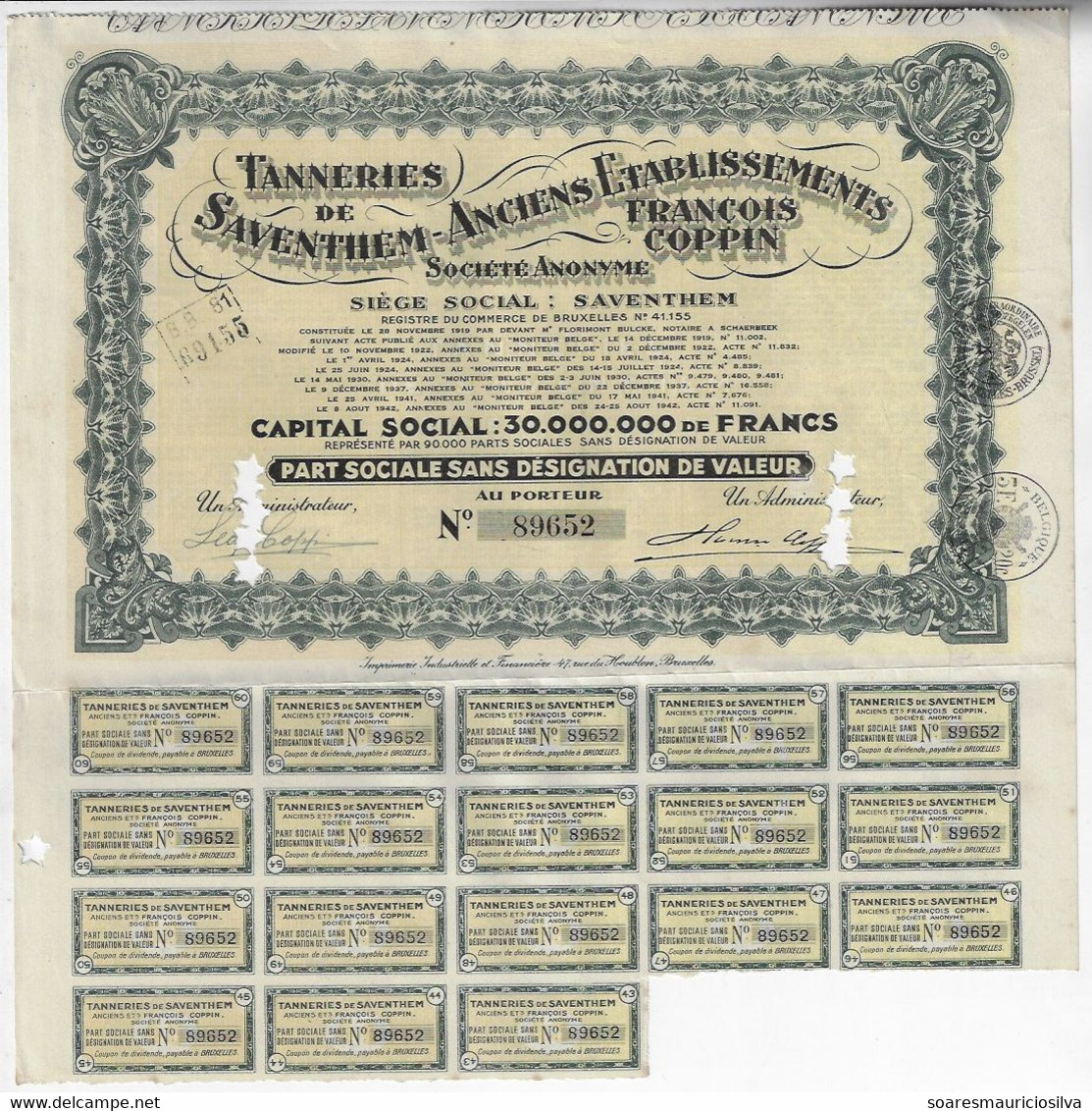 Belgium 1940s Shareholding Tammeries De Saventhem - Anciens Etablissements François Coppin 18 Coupons Size 17x28 Cm - S - V