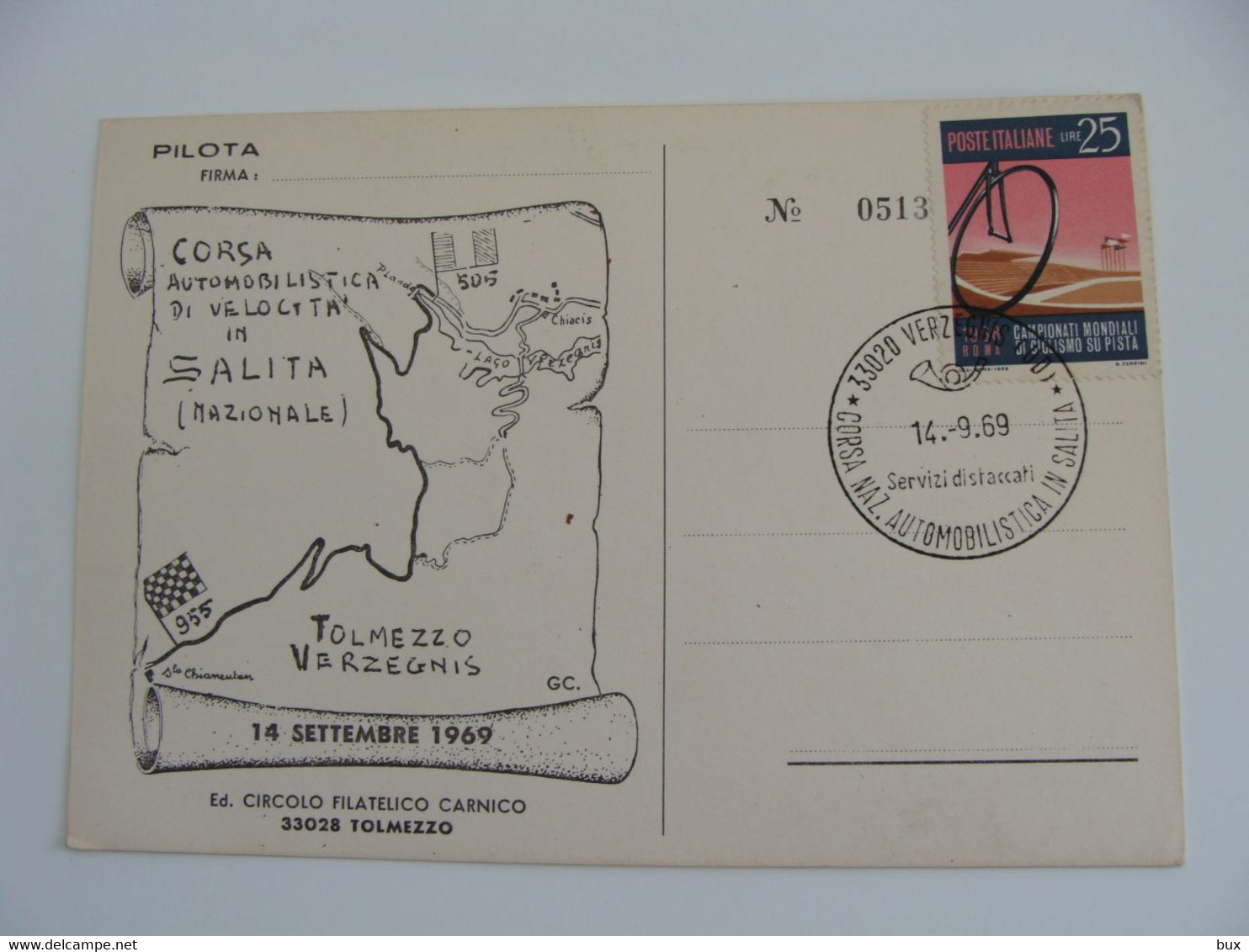 1969 TOLMEZZO  VERZEGNIS  AUTO CAR CORSA SALITA CARNIA CORSE    FDC FIRST DAY PREMIER JOUR MAXIMUM - Udine