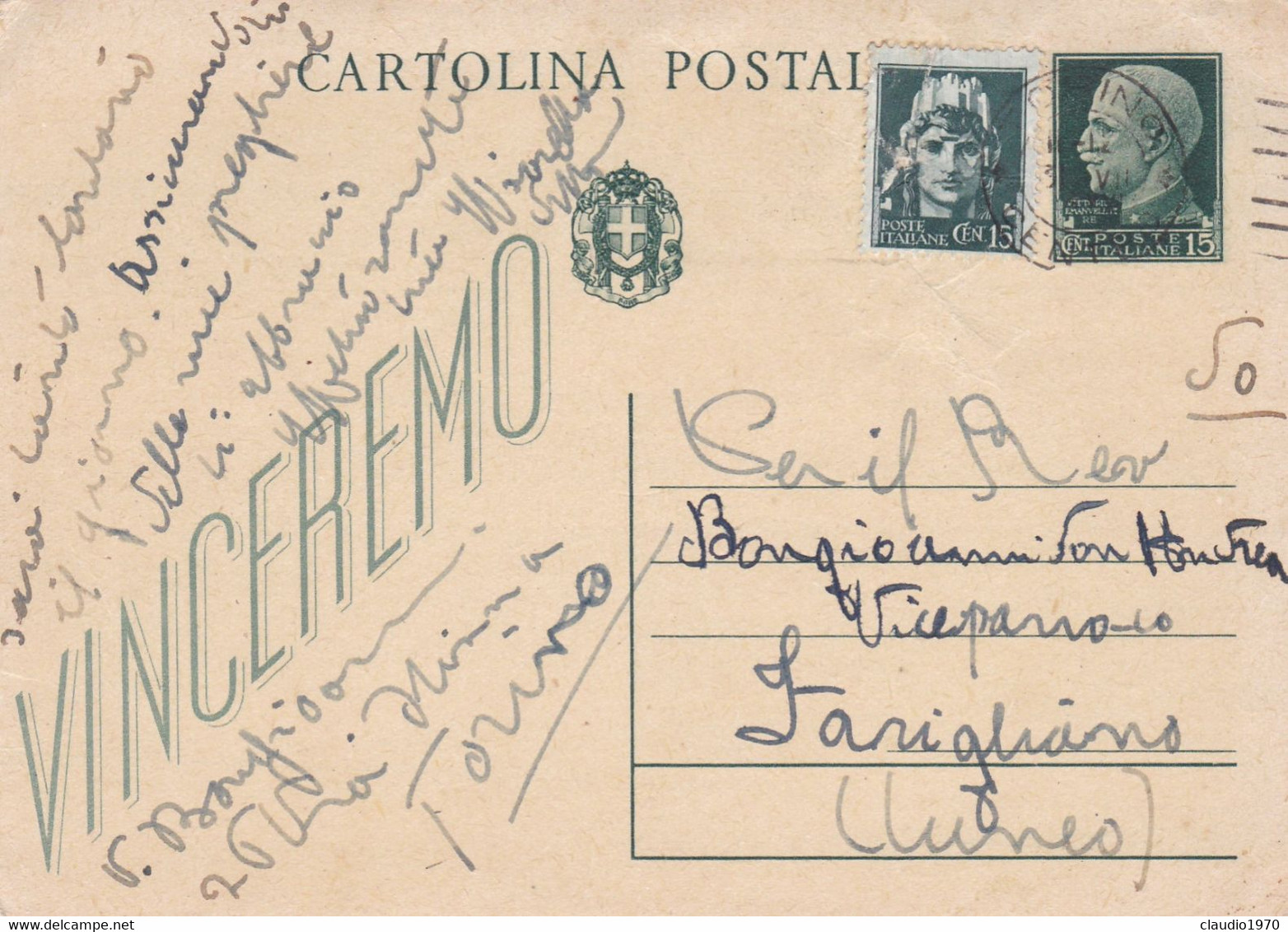 REPUBBLICA SOCIALE - ITALIA - TORINO - INTERO POSTALE VINCEREMO C. 15 + C. 15 - VG. PER FARIGLIANO (CUNEO) - Entiers Postaux