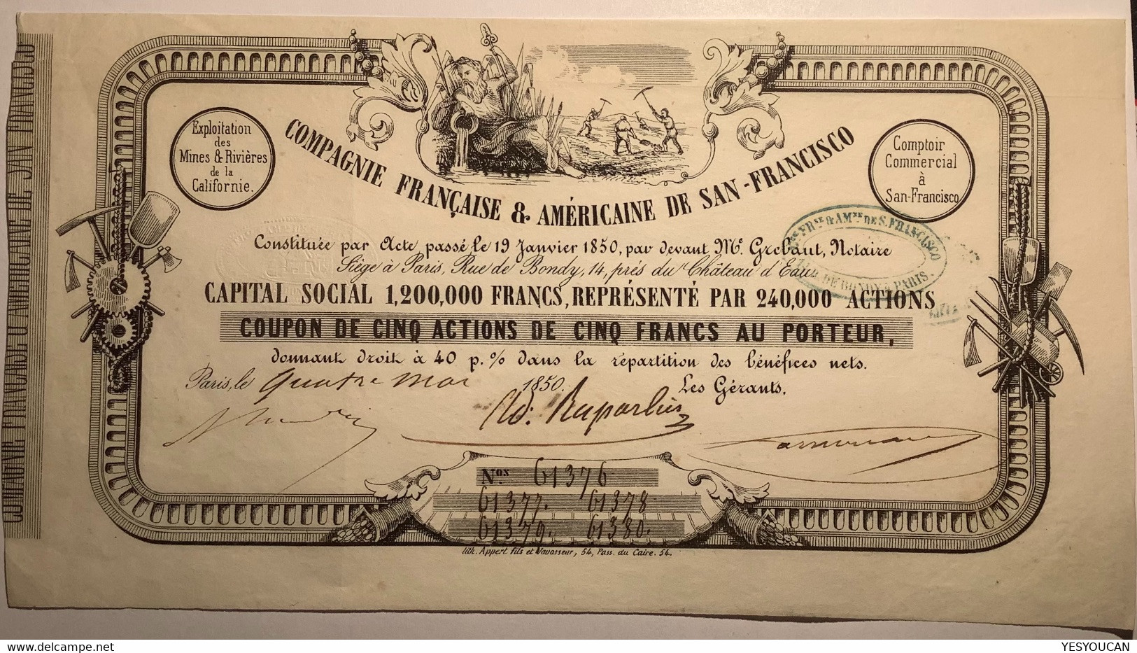 Compagnie Francaise & Américaine De San-Francisco 1850 Action 5 Francs(1849 Gold Rush Mines California Stock France USA - Other & Unclassified