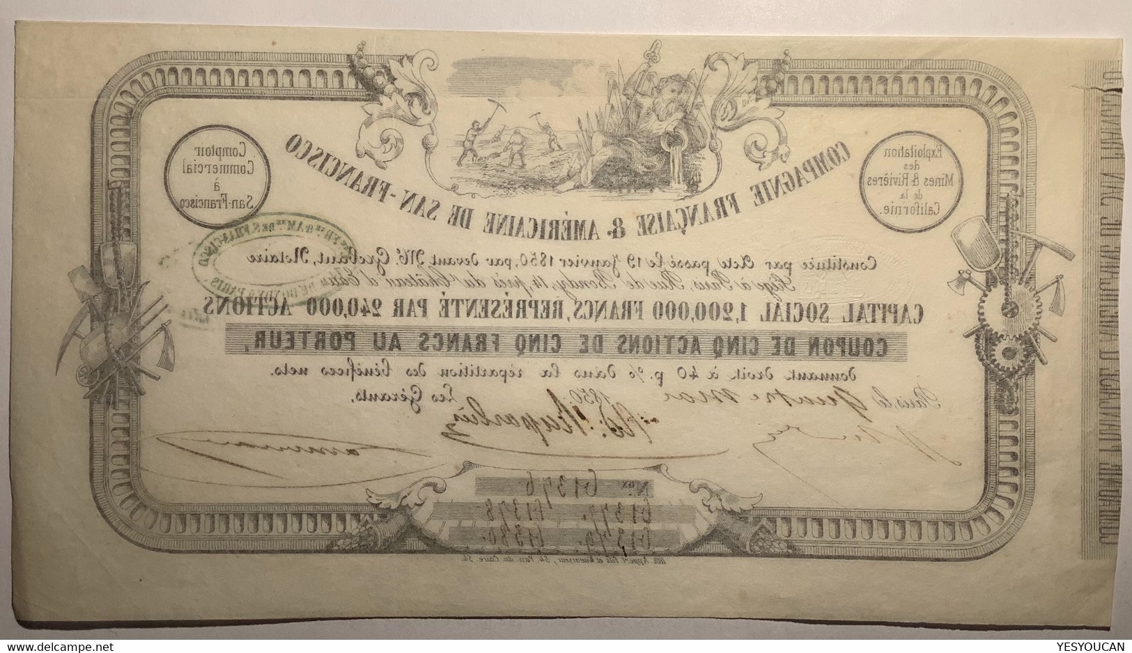 Compagnie Francaise & Américaine De San-Francisco 1850 Action 5 Francs(1849 Gold Rush Mines California Stock France USA - Andere & Zonder Classificatie