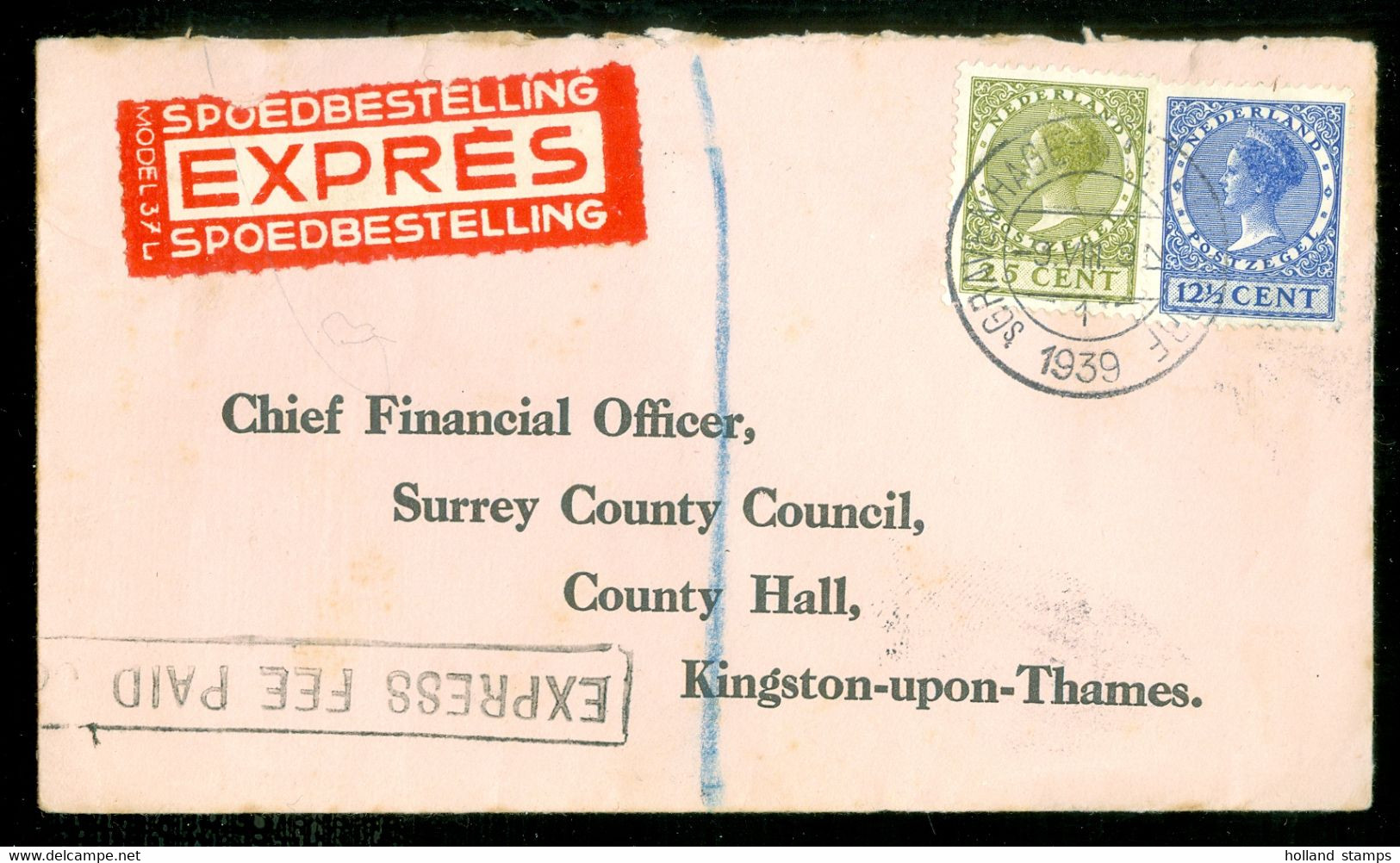 EXPRES  * BRIEFOMSLAG Uit 1939 * Gelopen Van  's-GRAVENHAGE Naar KINGSTON ENGLAND  (12.100a) - Covers & Documents