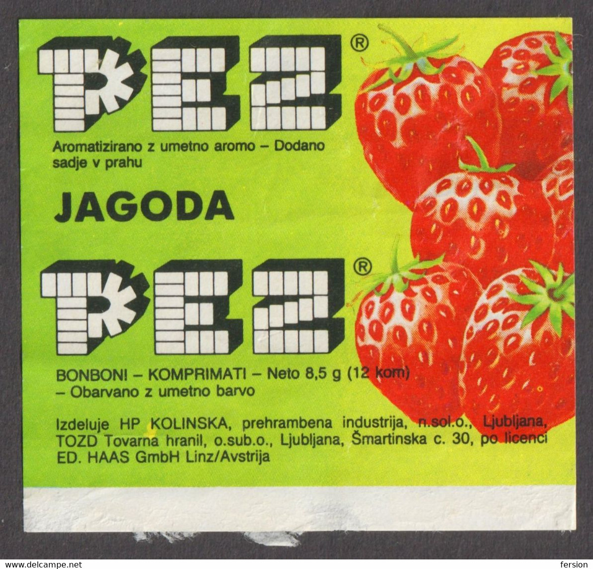 Yugoslavia ( Slovenia ) PEZ Packing Cover Label Strawberry Kolinska Industry / License Product - Pez