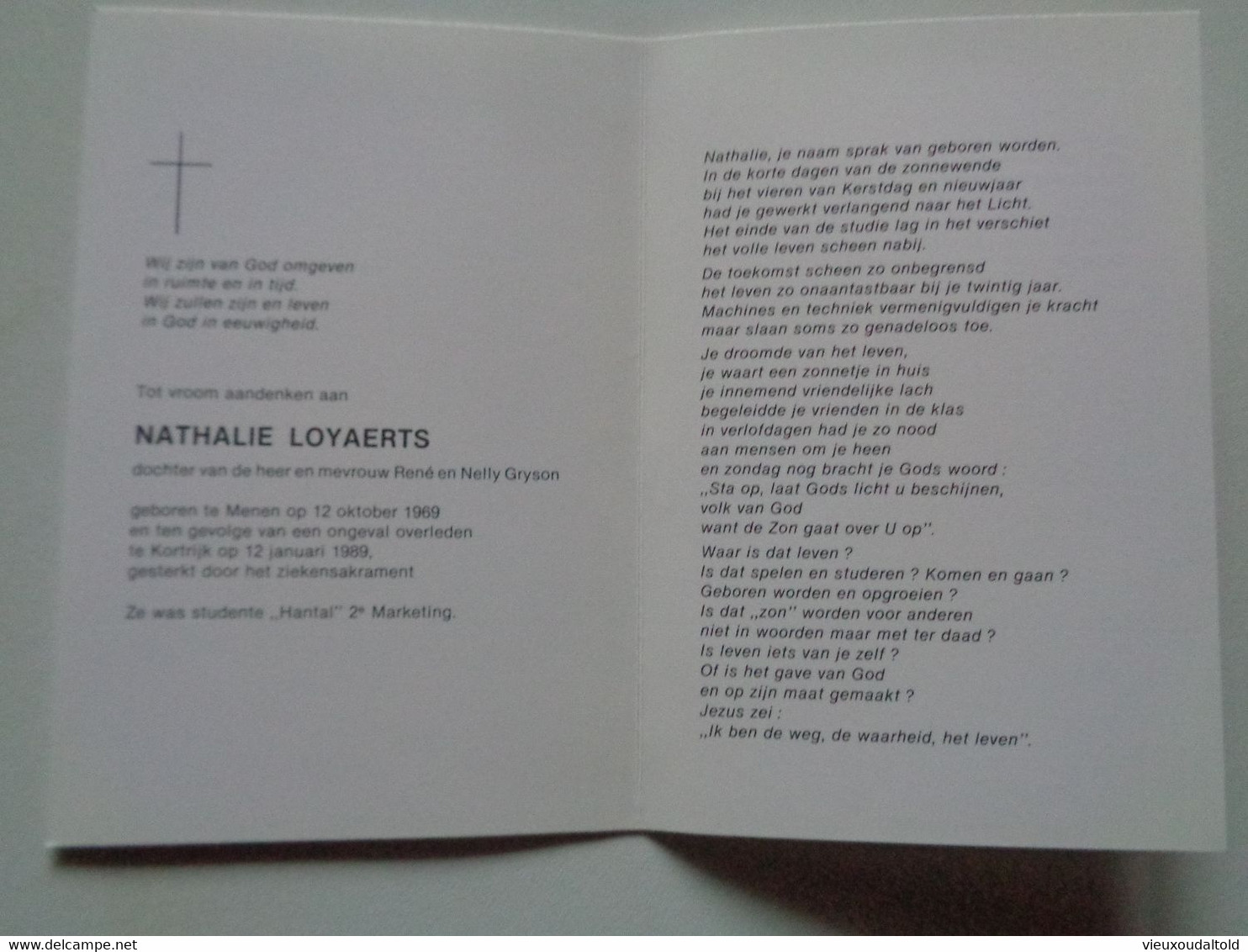 Doodsprentje/Bidprentje  NATHALIE LOYAERTS  Menen 1969-1989 Kortrijk Ongeval  (dochter René & Nelly Gryson) - Godsdienst & Esoterisme