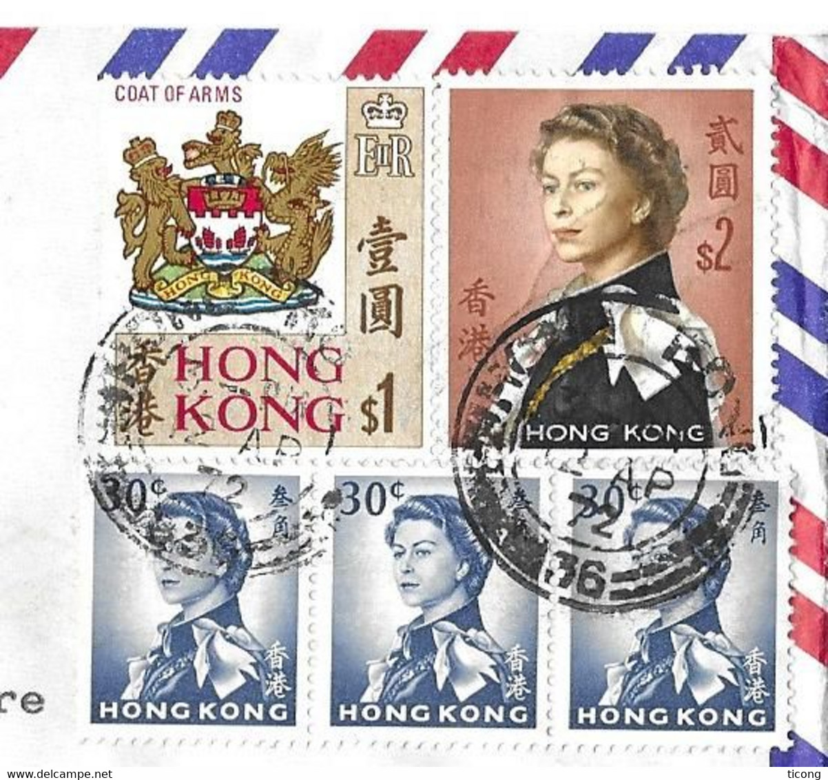 HONG KONG 1972 - CACHETS RONDS, ARMES BLASONS, REINE D ANGLETERRE BANDE DE TROIS, REINE D ANGLETERRE GRAND FORMAT, - Lettres & Documents