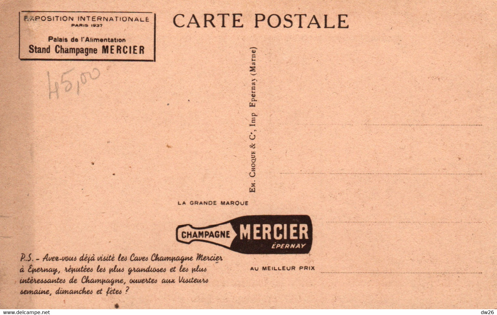 Publicité Champagne Mercier Epernay: Rinçage Des Bouteilles - Carte De L'Exposition Internationale Paris 1937 - Reitsport