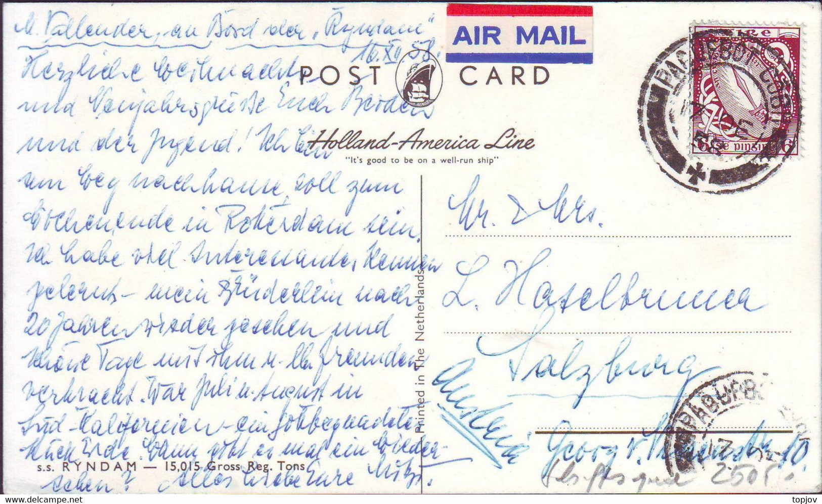 IRELAND - PAQUEBOT  SS RYNDAM  AMERICA LINE -  Wmk INVERT. - 1958 - Covers & Documents