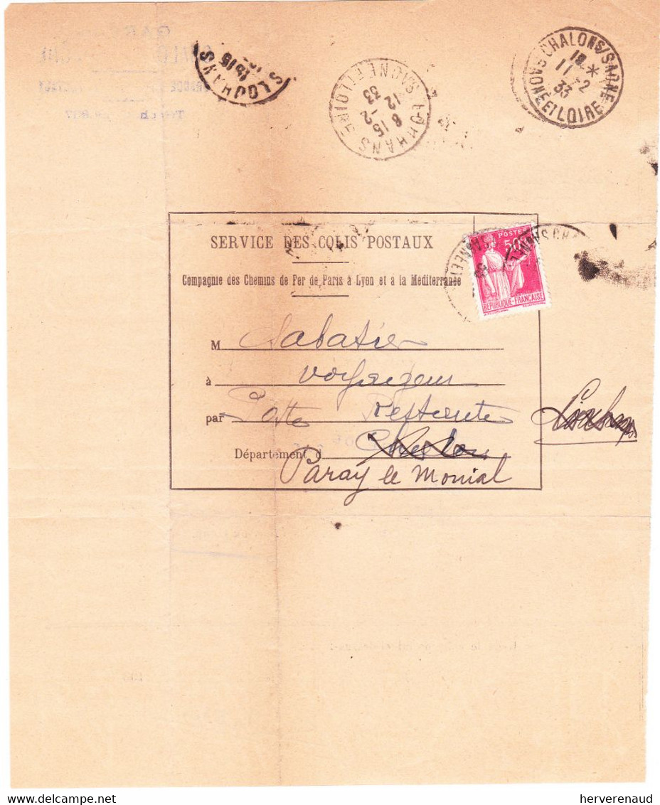 Paix 283 Sur Avis De Colis Postal De Chalon-sur-Saône à Paray-le-Monial Via Louhans (1933) - 1932-39 Peace