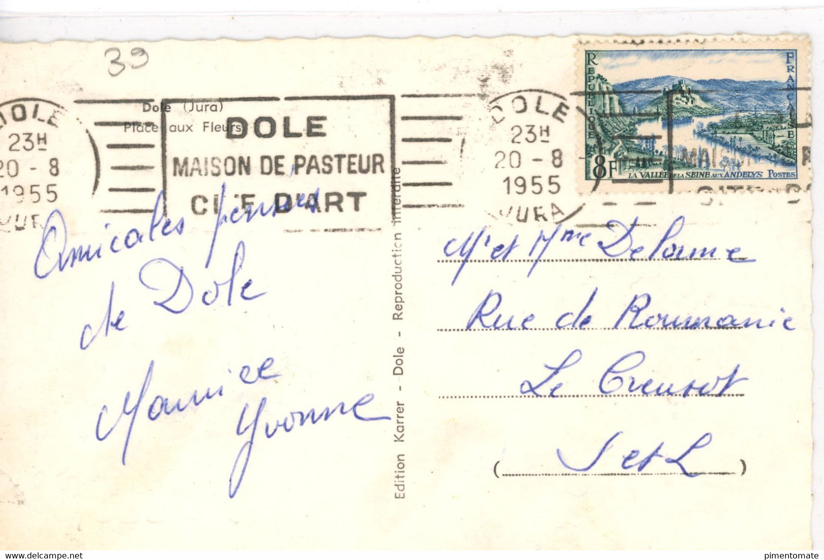 DOLE PLACE AUX FLEURS COMMERCE FLAMME POSTALE 1955 - Dole