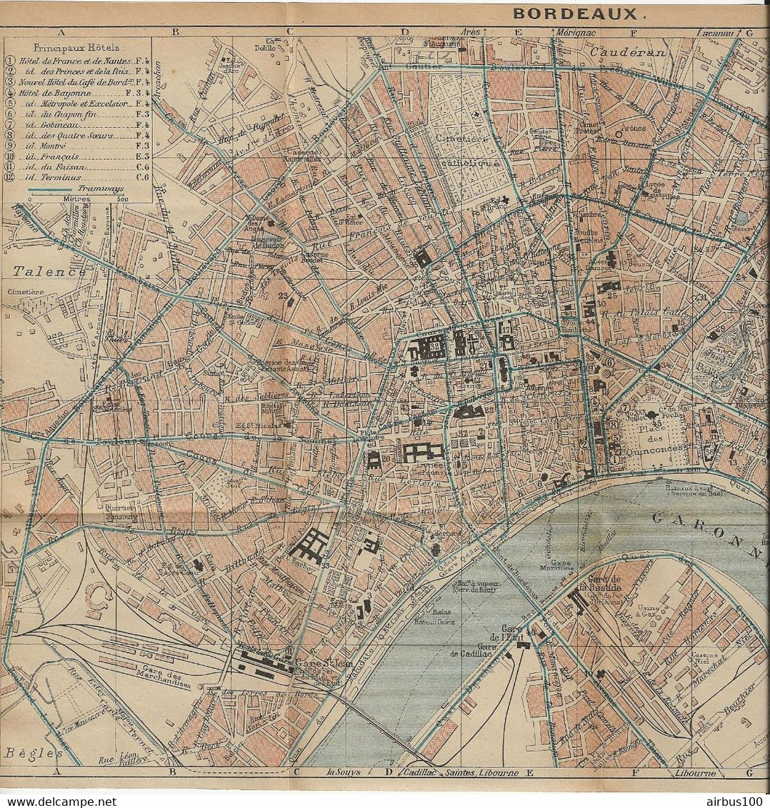 CARTE PLAN 1924 - 22 X 33,5 Cm - BORDEAUX - PRINCIPAUX HOTELS - ÉDIFICES CIVILS Et RELIGIEUX - Cartes Topographiques