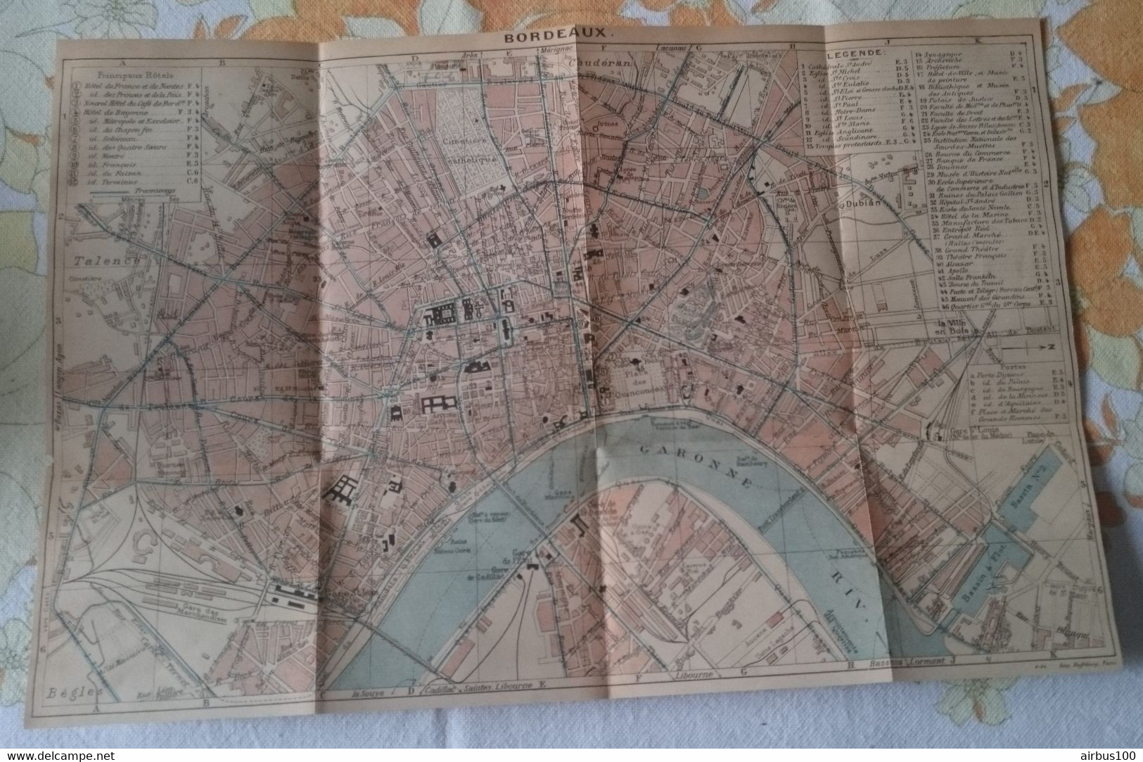 CARTE PLAN 1924 - 22 X 33,5 Cm - BORDEAUX - PRINCIPAUX HOTELS - ÉDIFICES CIVILS Et RELIGIEUX - Cartes Topographiques