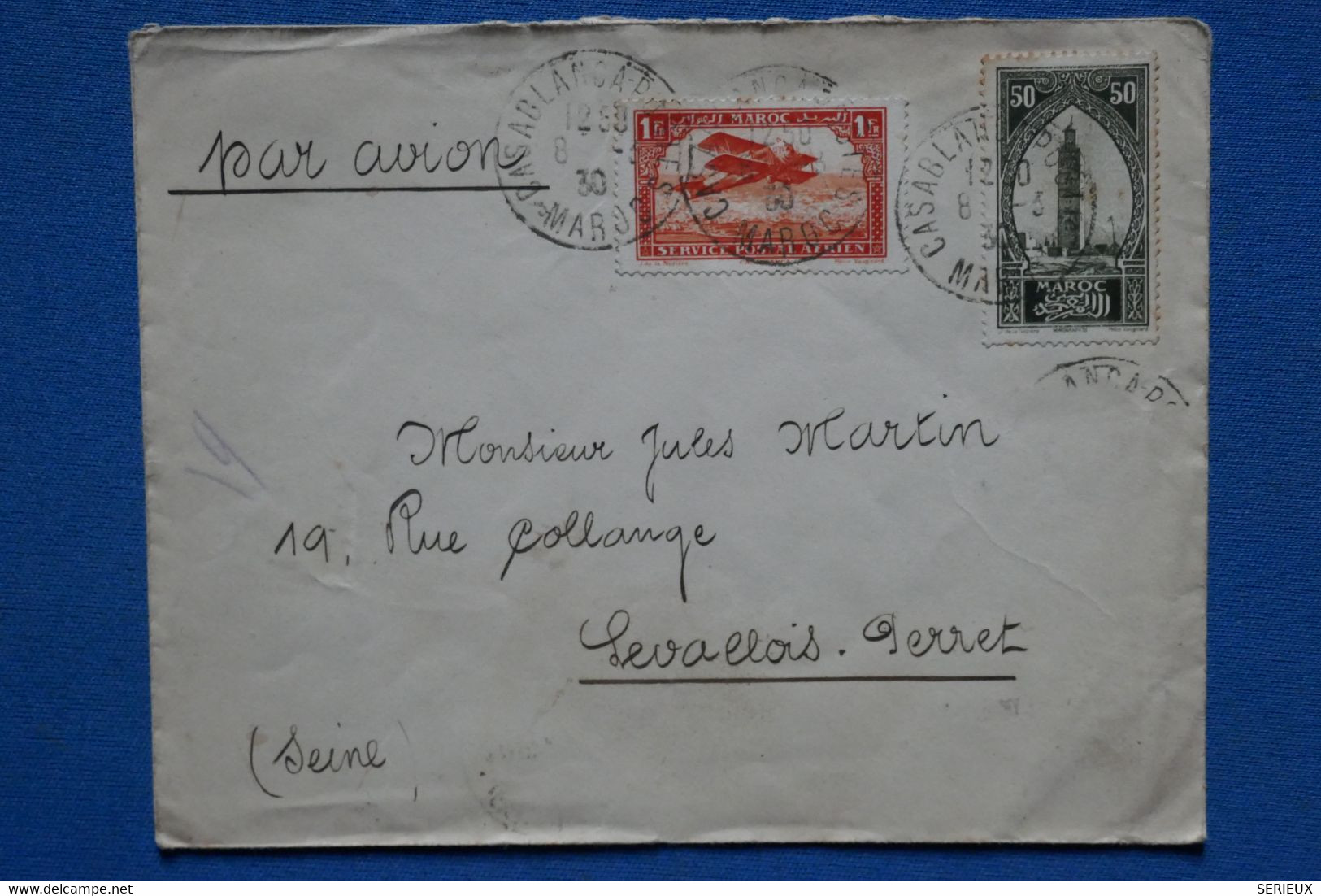 AD11 MAROC  BELLE LETTRE   1930 CASABLANCA  POUR  LEVALLOIS  FRANCE  + AFFRANCH. INTERESSANT - Luchtpost