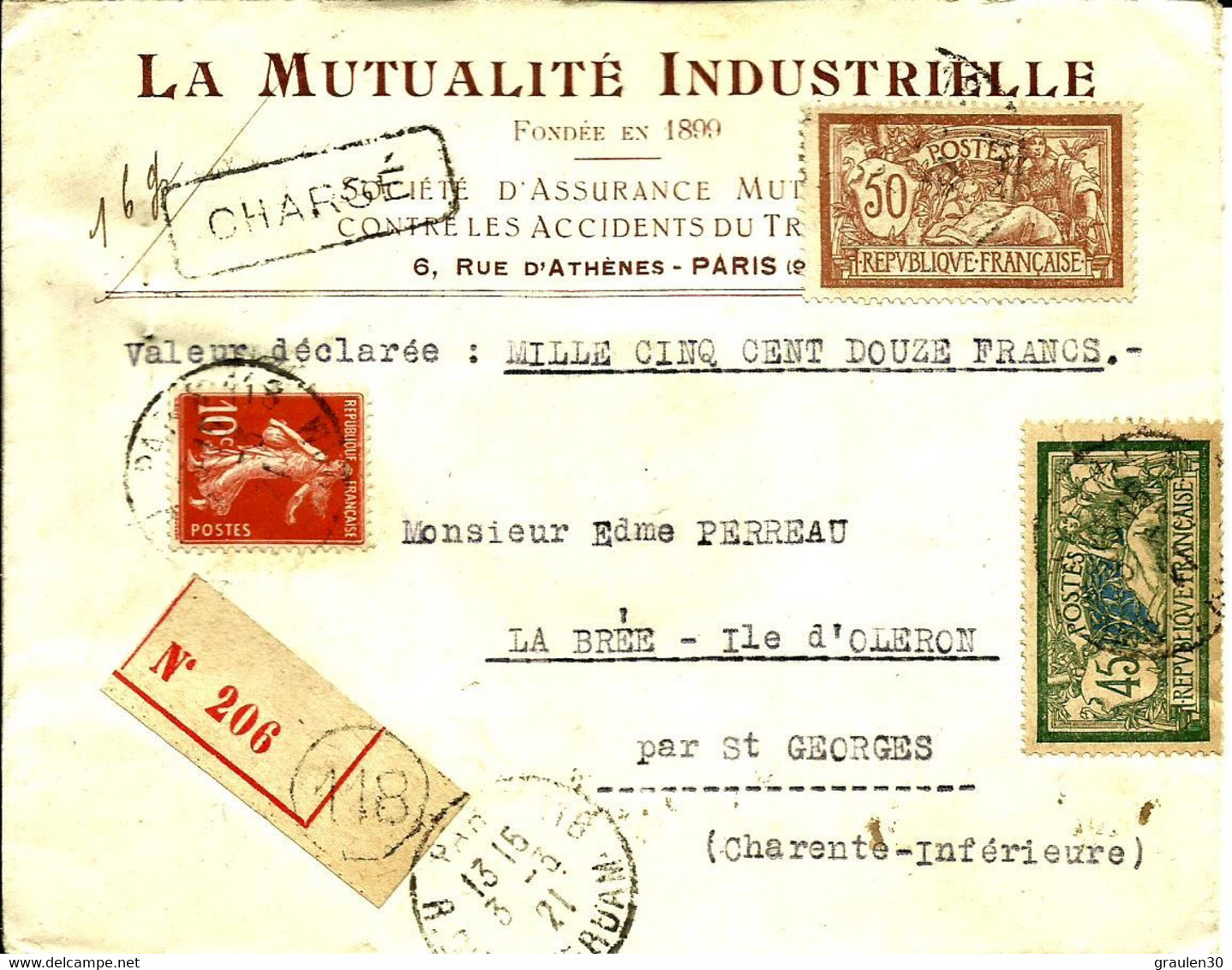 Lettre CHARGE Avec "Merson" Pour LA BREE  ILE D'OLERON - 1921 - - Covers & Documents