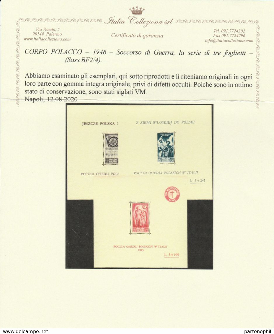 Corpo Polacco  236 - 1946 - Soccorso Stradale I Tre Foglietti N. 2/4. Cert. I.C. Cat. € 600,00. SPL. - 1946-47 Période Corpo Polacco