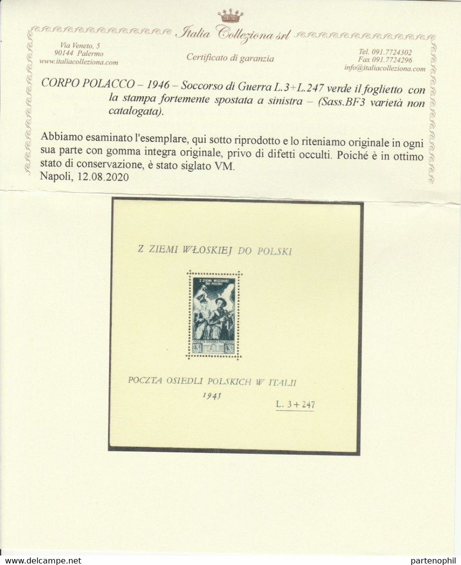 Corpo Polacco  237 - 1946 - Soccorso Di Guerra Foglietto L. 3 + 247. Cert. I.C. SPL - 1946-47 Corpo Polacco Periode