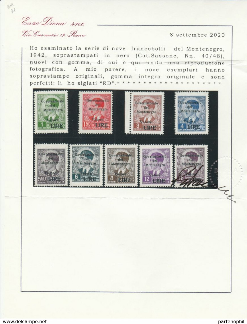 Montenegro - 255 ** 1941 - Francobolli Di Jugoslavia Re Pietro Con Soprastampa “Montenegro” N. 1/14. Cert. E. Diena. Cat - Montenegro