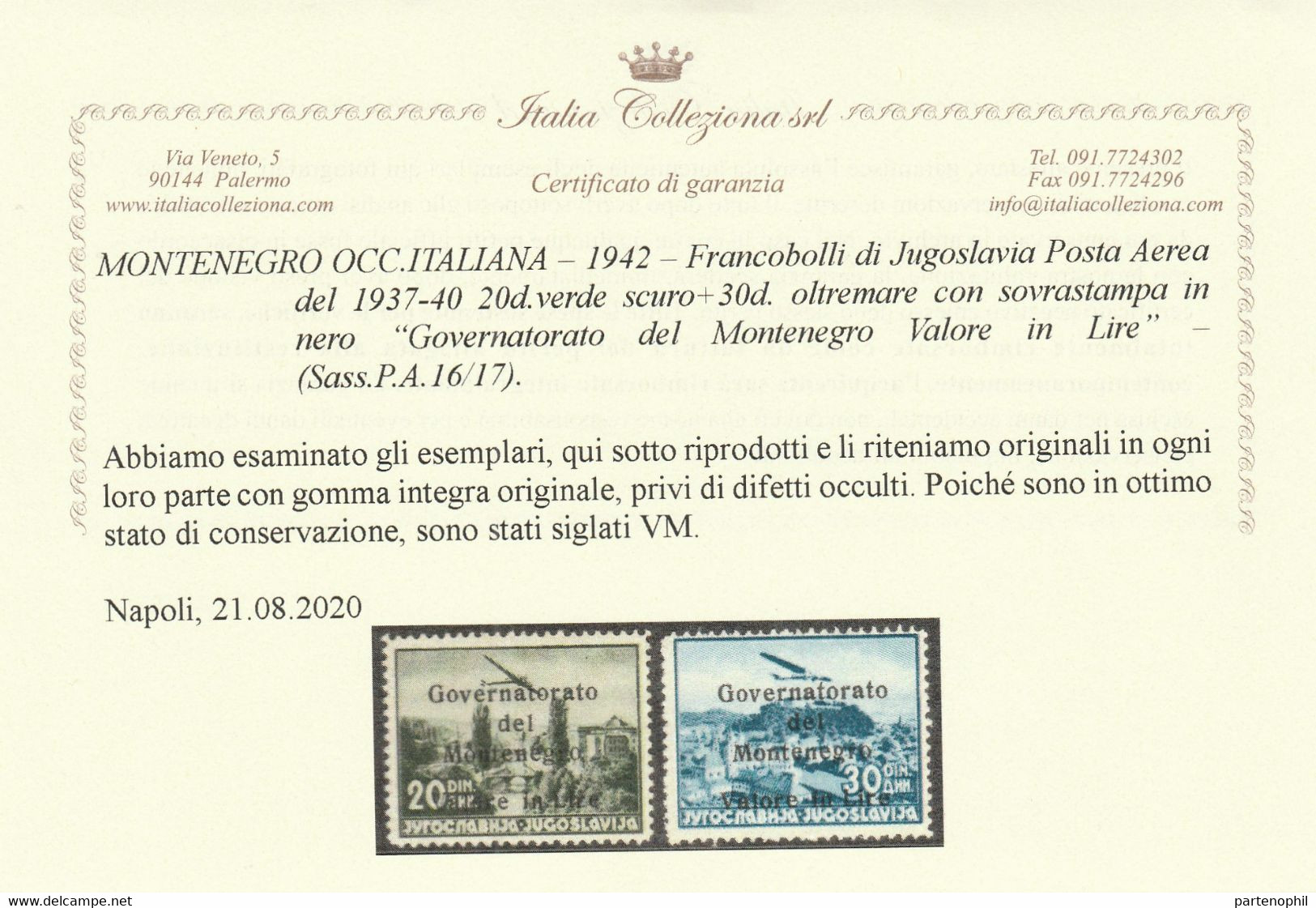 Montenegro - 257 ** 1942 - Francobolli Di Posta Aerea Di Jugoslavia Soprastampati N. 10/17. Cert. I.C. Cat. € 1125,00. S - Montenegro