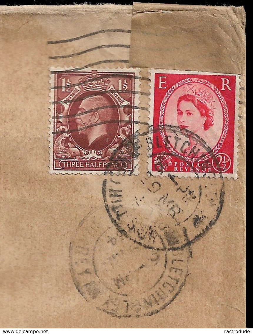 1954 GB - REUSED ENVELOPE 1 ½d FROM 1936 GEORGE V WITH ELIZABETH 2 ½d - CDS 1954 On GV 1 ½d - UNUSUAL - Storia Postale