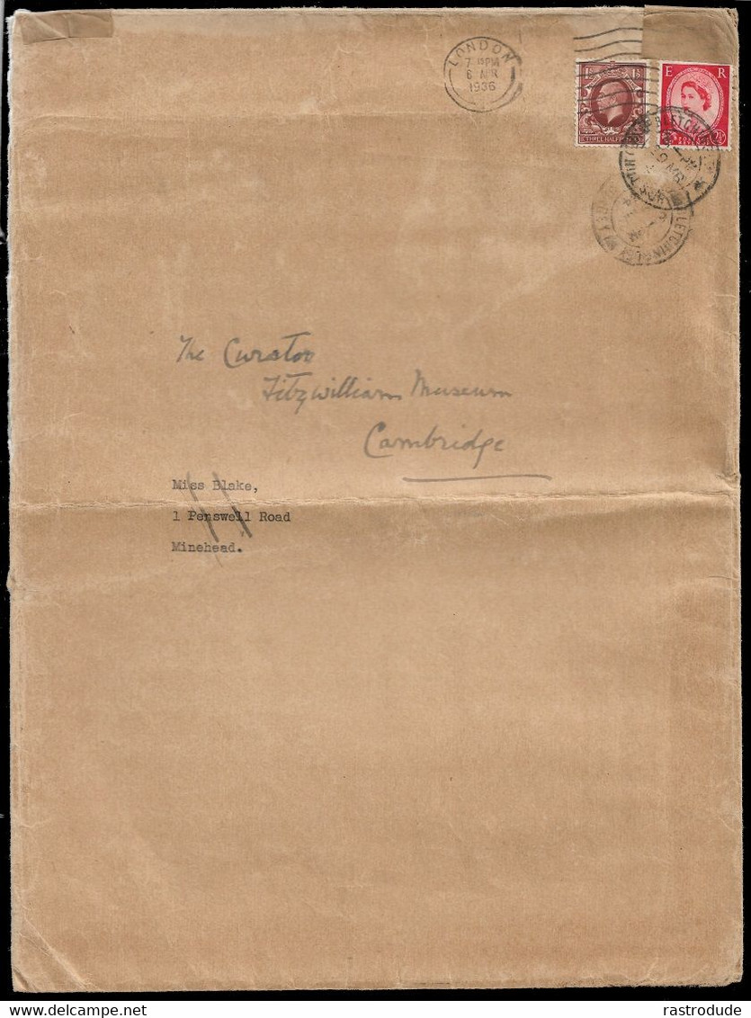 1954 GB - REUSED ENVELOPE 1 ½d FROM 1936 GEORGE V WITH ELIZABETH 2 ½d - CDS 1954 On GV 1 ½d - UNUSUAL - Lettres & Documents