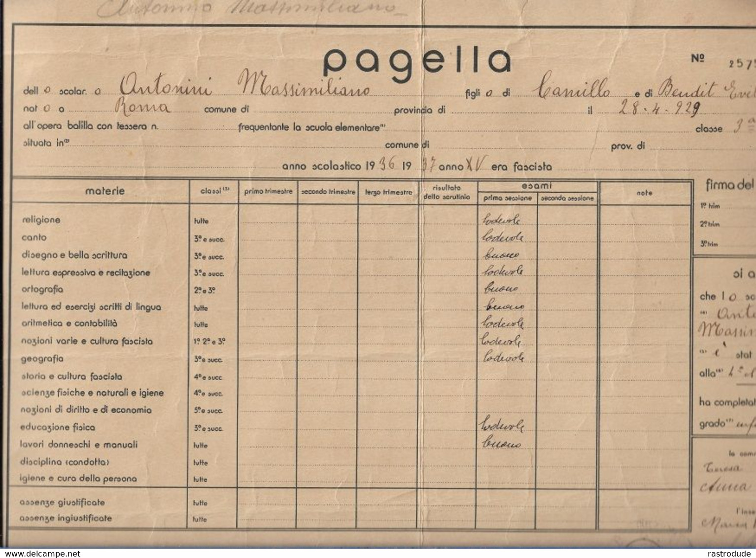 1929 PAGELLA - SCHOOL REPORT - OPERA NAZIONALE BALILLA (ONB) FASCISTA -  MINISTERO EDUCAZIONE NAZIONALE - Diplomi E Pagelle