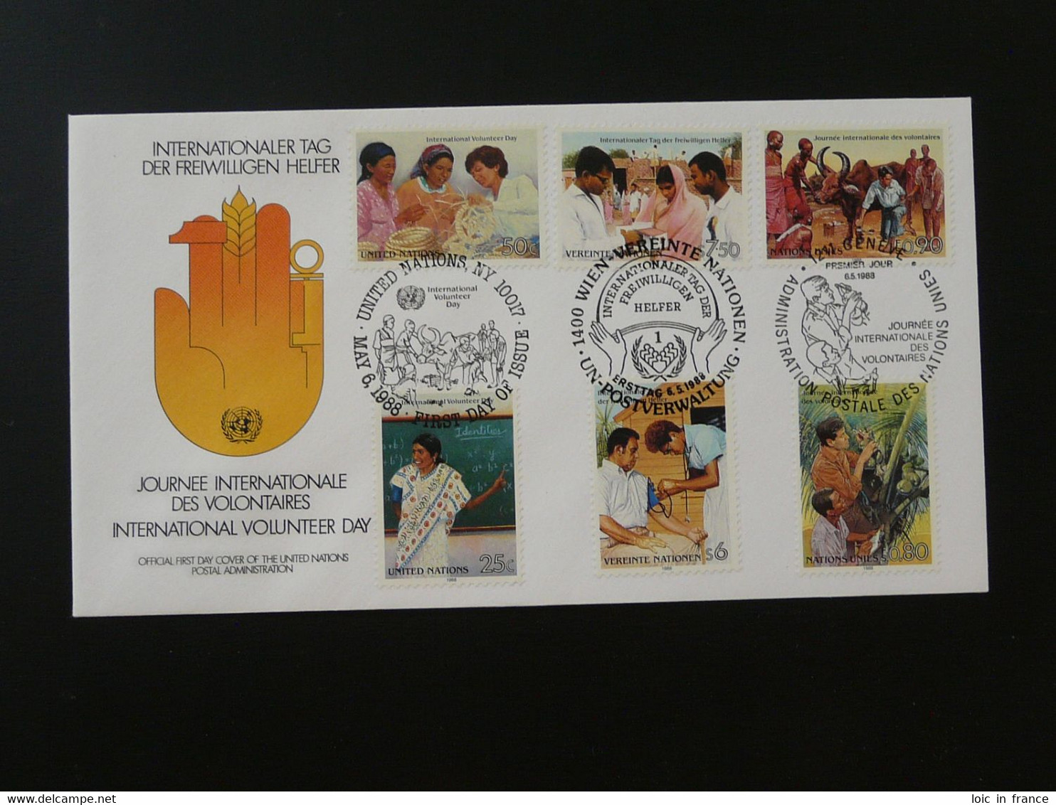 FDC Journée Des Volontaires Volunteer Day Nations Unies United Nations NY + Wien + Geneve 1988 Ref 101524 - FDC