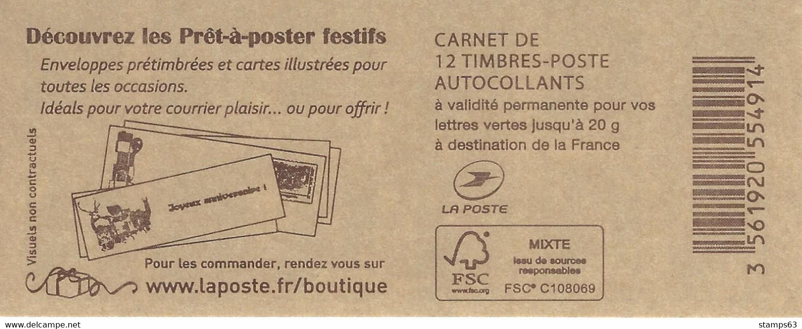 FRANCE - BOOKLET / CARNET, Yvert 858 C10- 2015 - Marianne De Ciappa, 12x TVP Green - Altri & Non Classificati