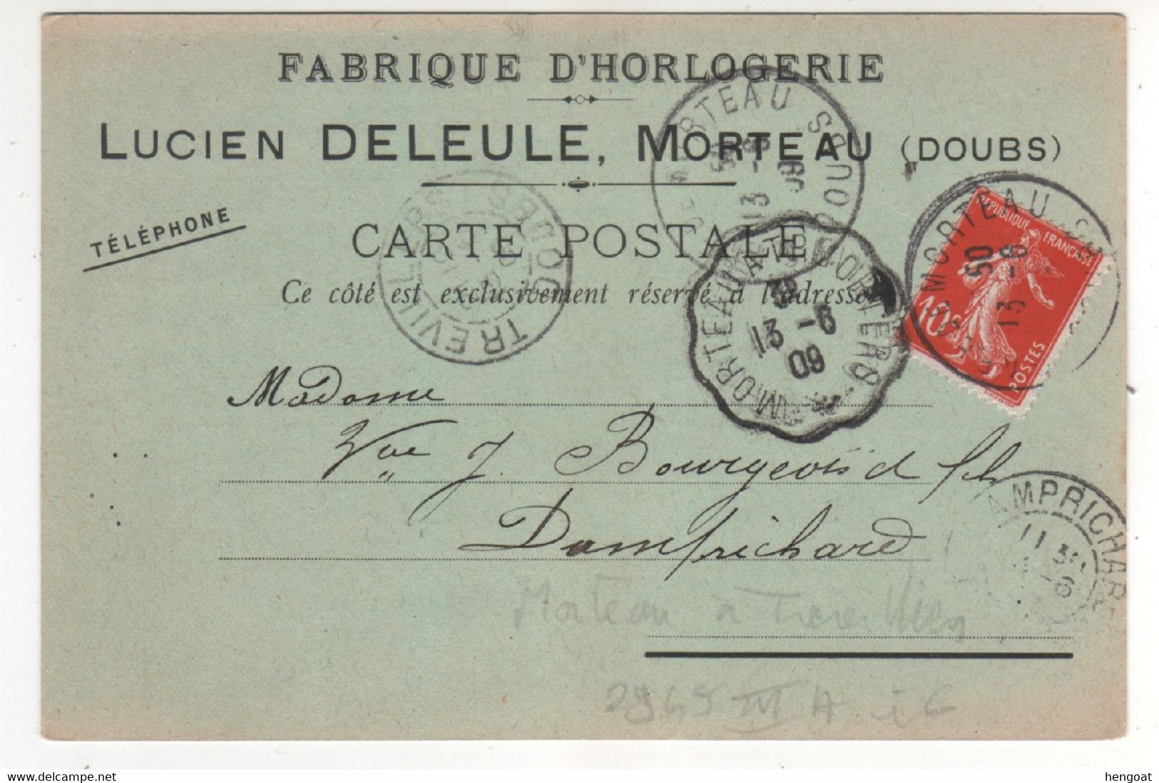 Cachet Convoyeur Ligne  " Morteau à Trévilliers " Ind 6 / CP , Carte Du 13/06/1909 , Carte Commerciale Horlogerie - Covers & Documents