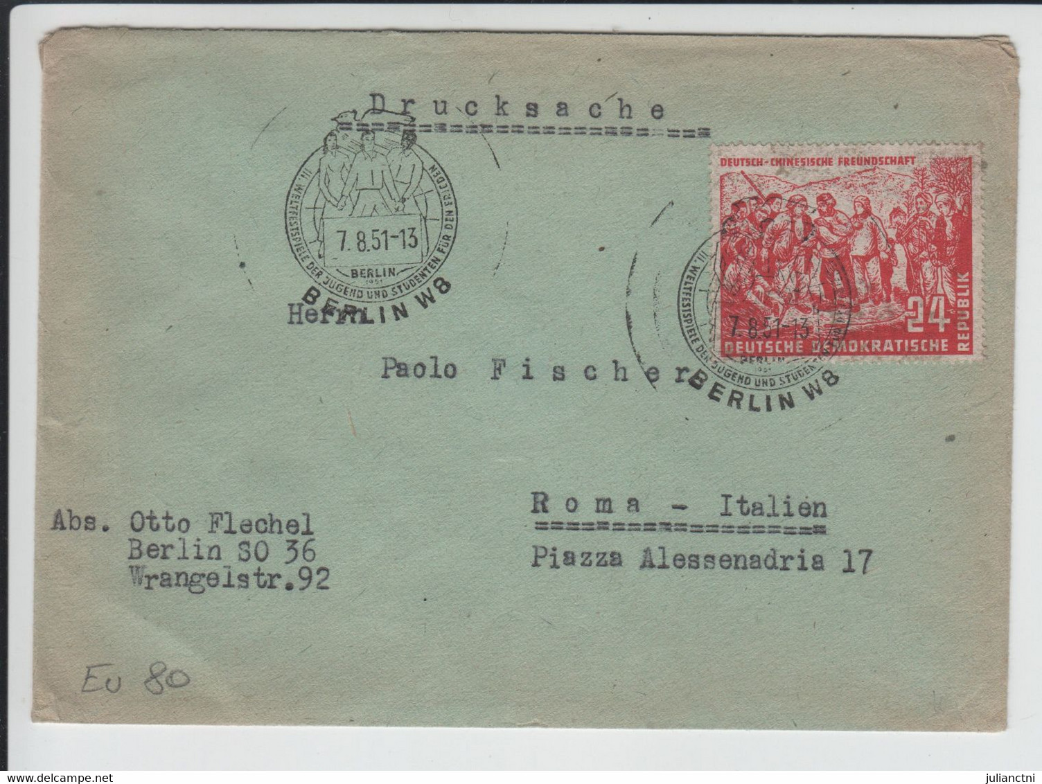 Brief Drucksache Mit Marke Deutsch-Chinesische Freundschaft DDR 1951 Berlin-Rom - Briefe U. Dokumente