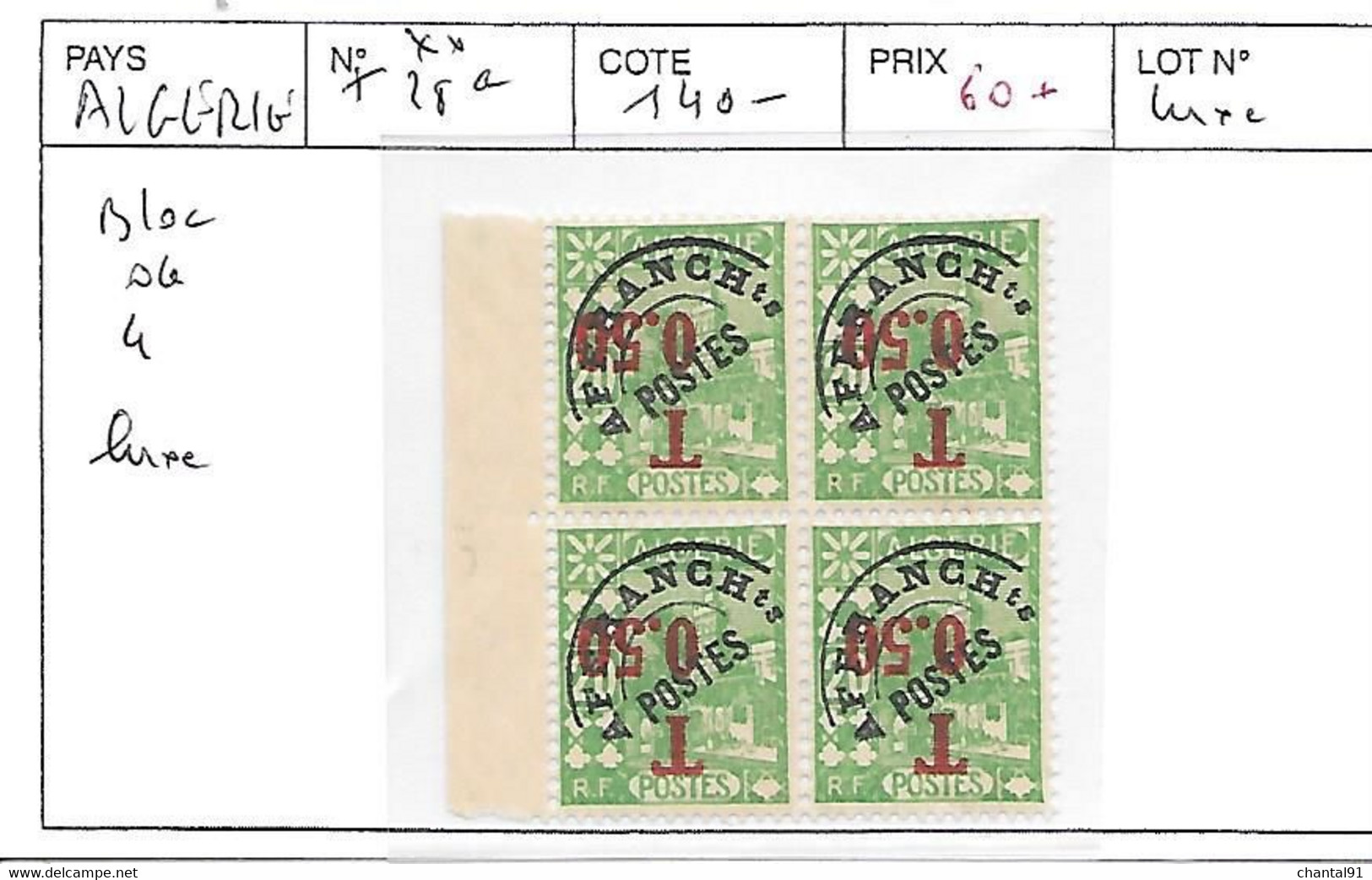 ALGERIE N° 28a ** BLOC DE 4 LUXE - Collections, Lots & Series